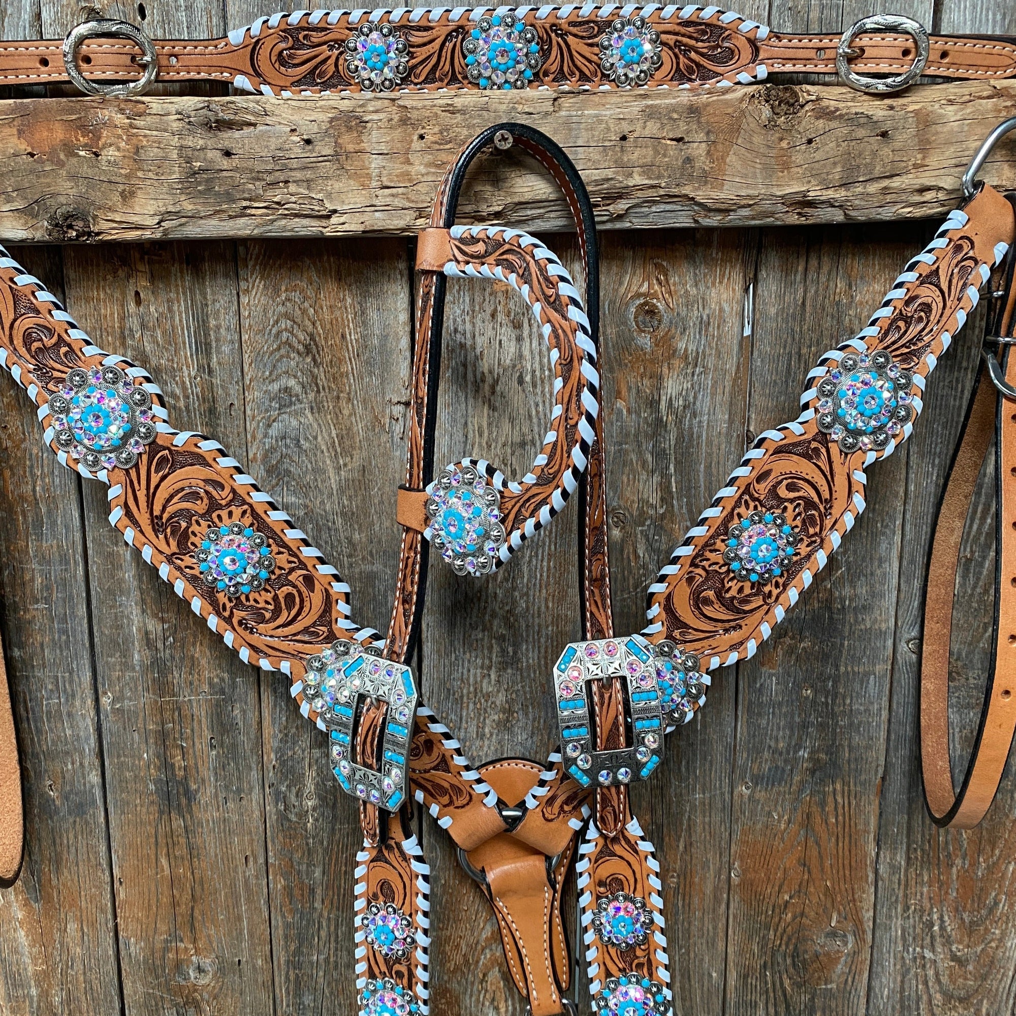Whipstitch Turquoise &amp; AB Browband/One Ear Tack Set with Wither Strap  