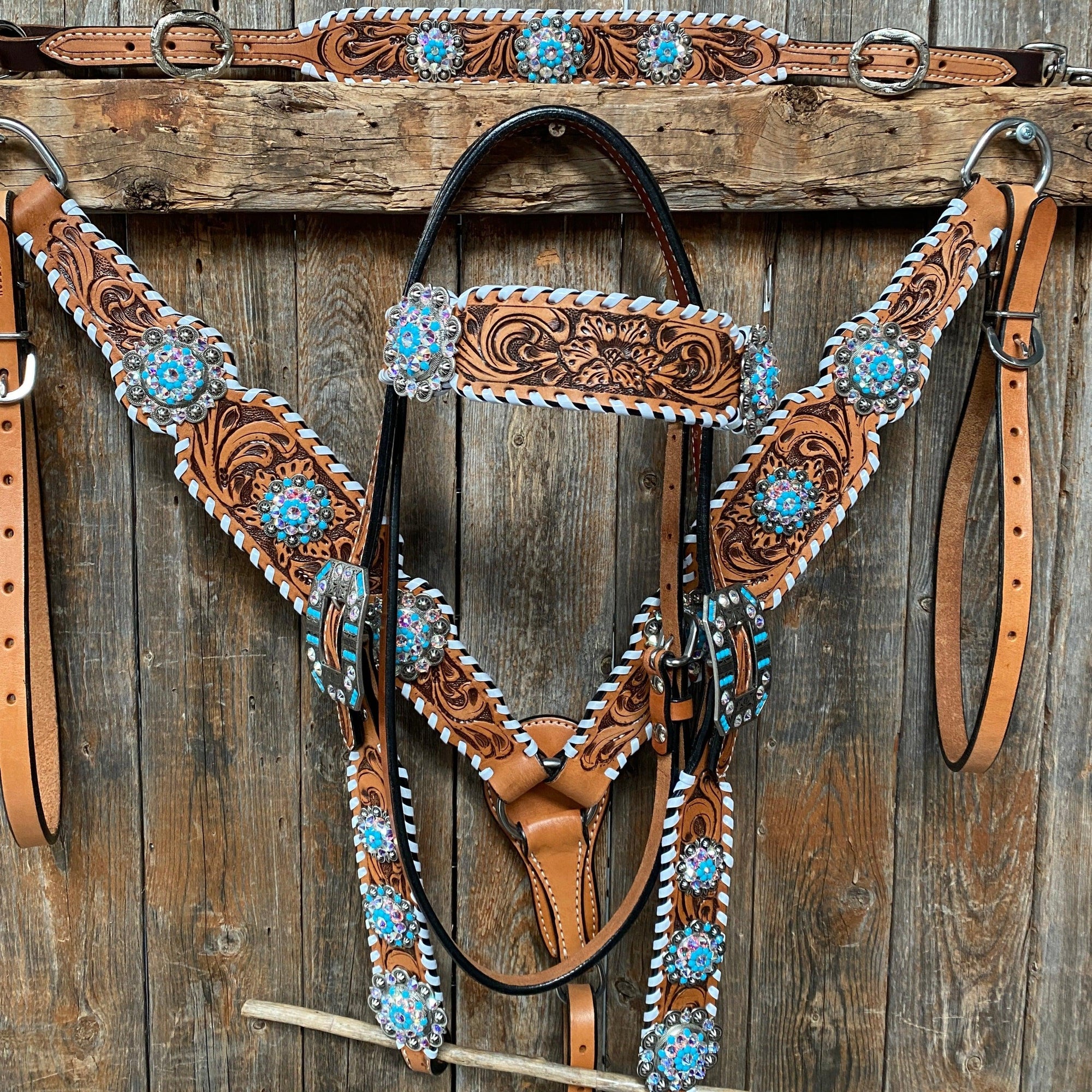 Whipstitch Turquoise &amp; AB Browband/One Ear Tack Set with Wither Strap  