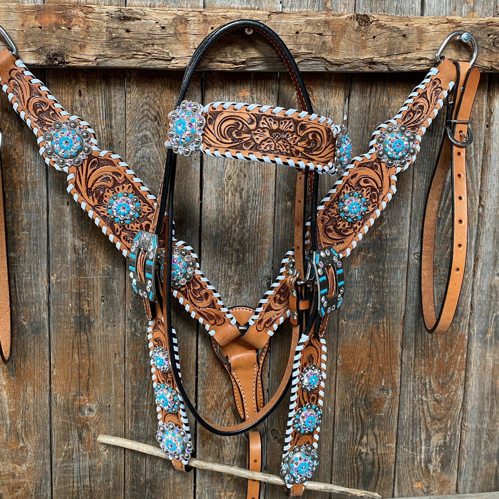 Whipstitch Turquoise &amp; AB Browband/One Ear Tack Set with Wither Strap  