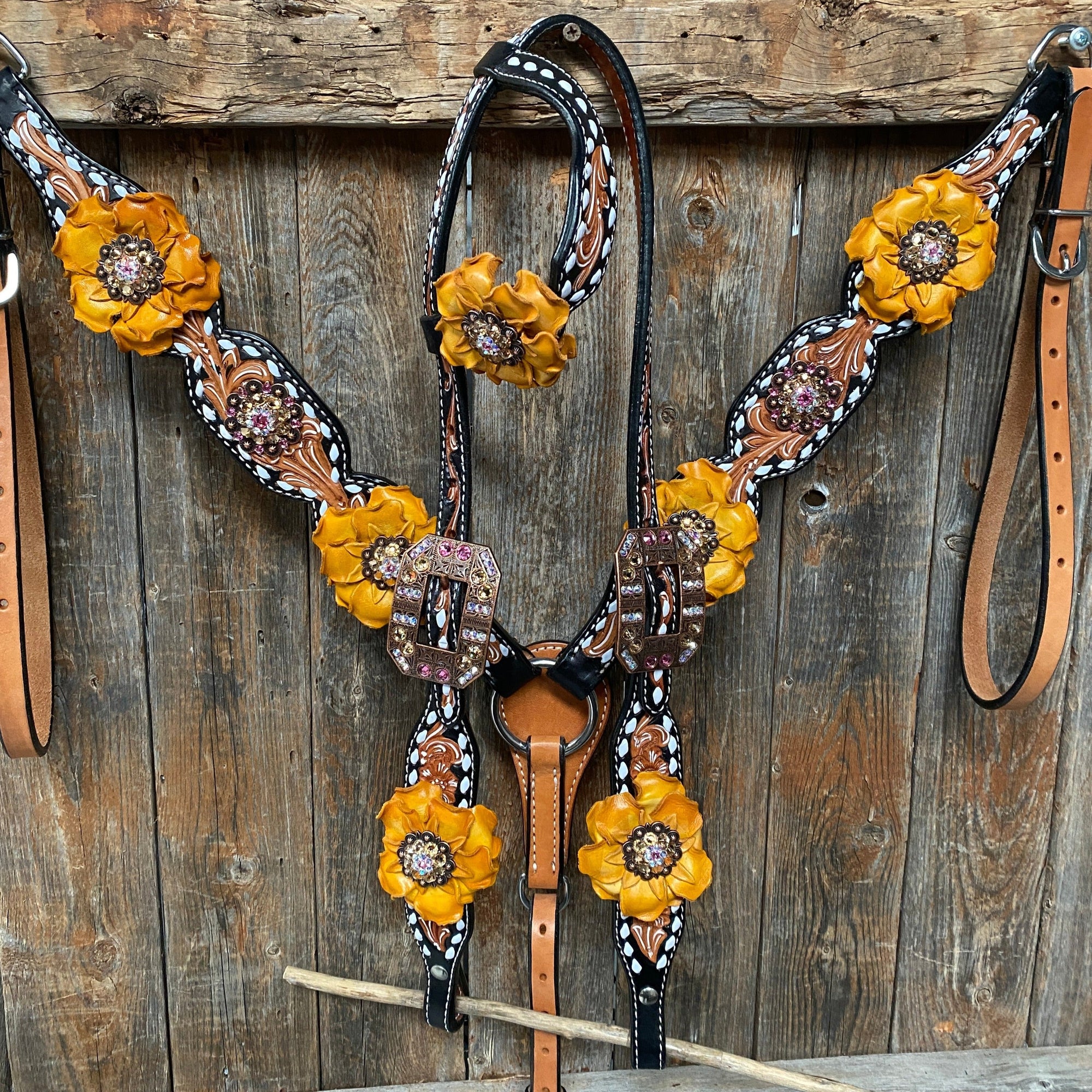 Classic Yellow and Pink Browband/One Ear Tack Set with Wither Strap  