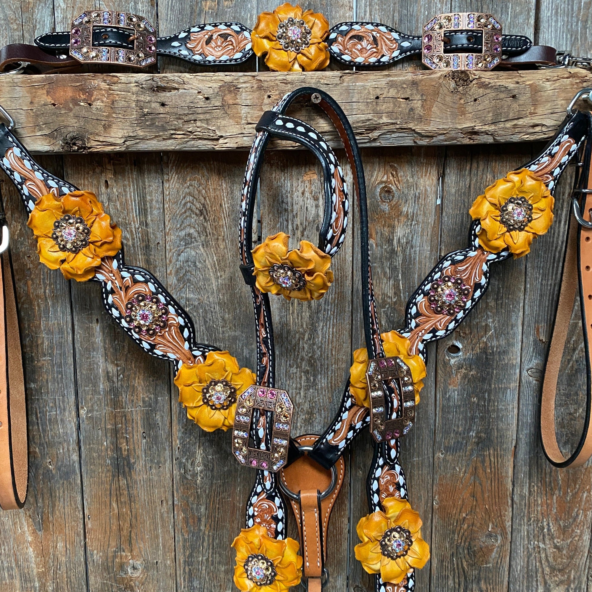 Classic Yellow and Pink Browband/One Ear Tack Set with Wither Strap  