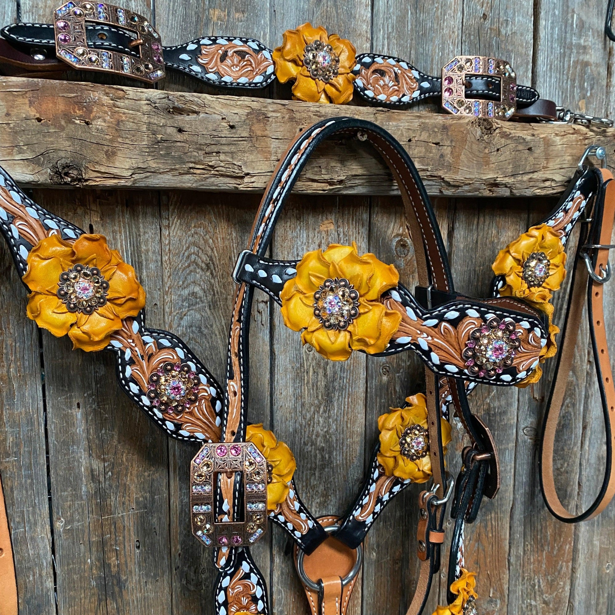Classic Yellow and Pink Browband/One Ear Tack Set with Wither Strap  
