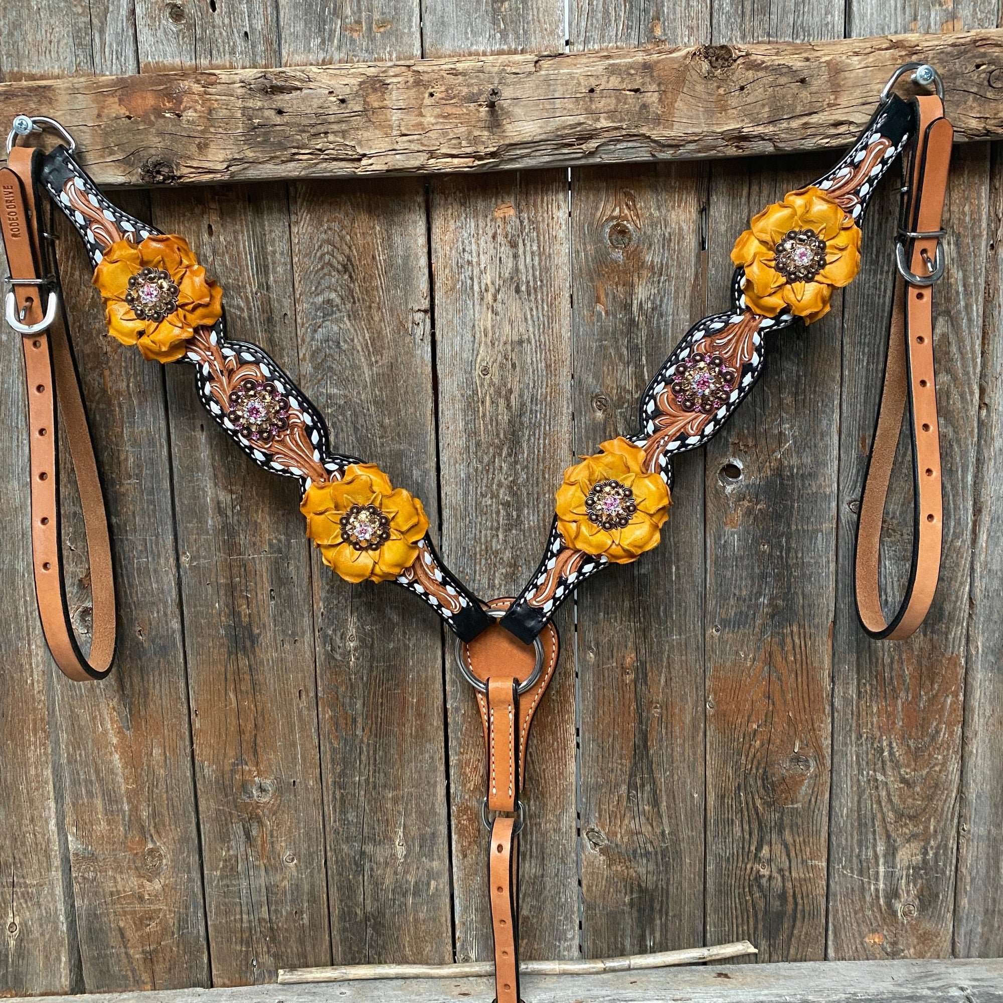 Classic Yellow and Pink Browband/One Ear Tack Set with Wither Strap  