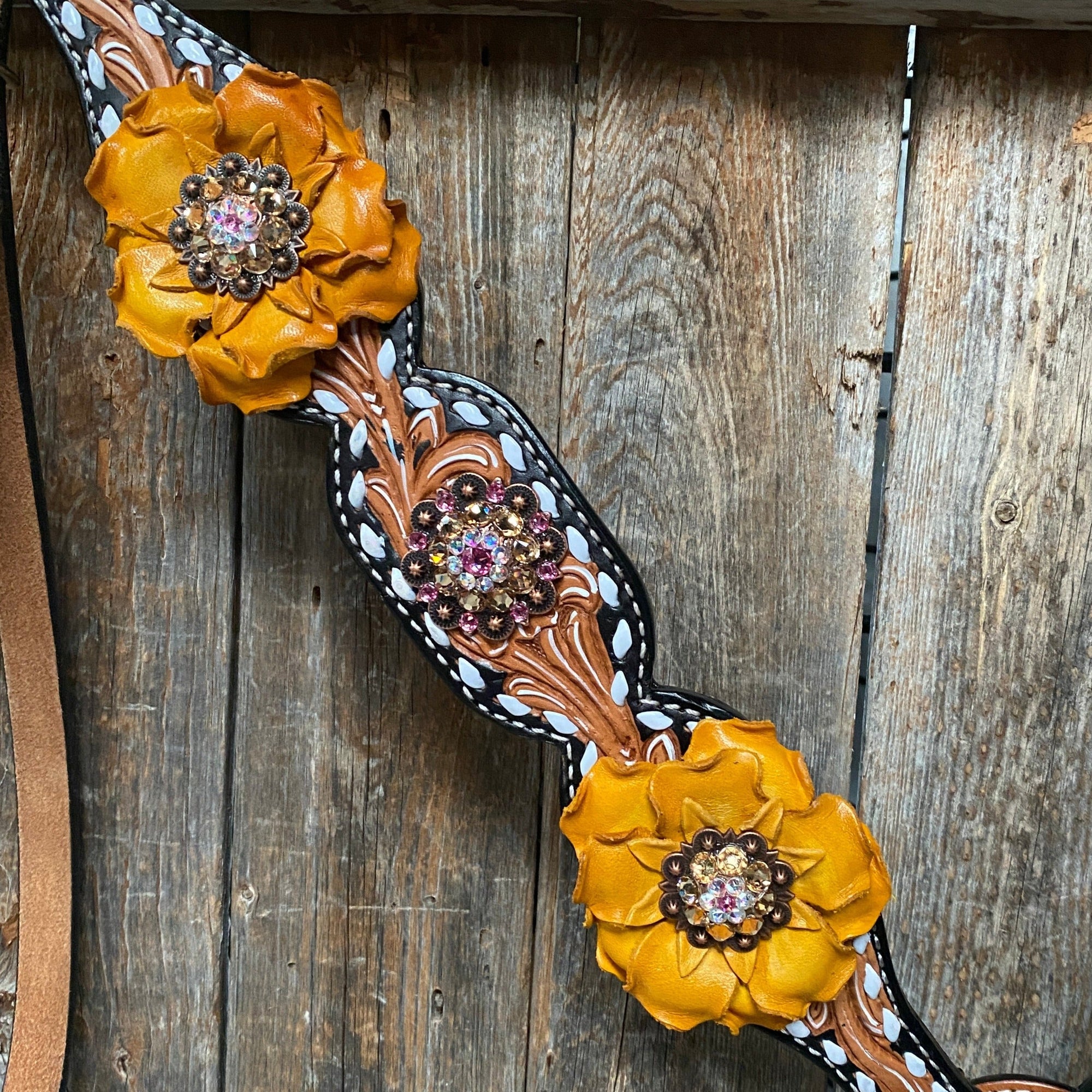 Classic Yellow and Pink Browband/One Ear Tack Set with Wither Strap  