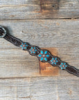 Dark Floral Turquoise Browband/One Ear Tack Set with Wither Strap  