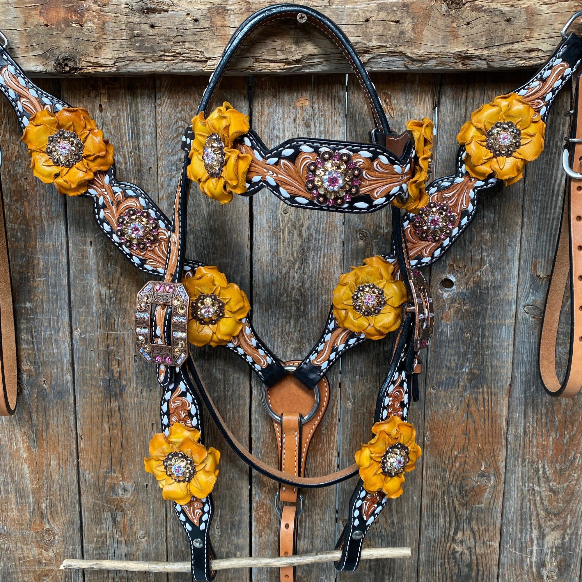 Classic Yellow and Pink Browband/One Ear Tack Set with Wither Strap  