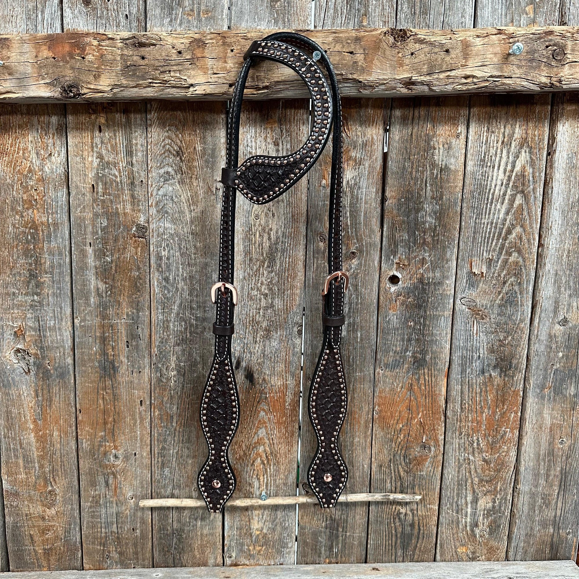 Dark Oil Honeycomb Tooled with Copper Dots One Ear Headstall / Bridle