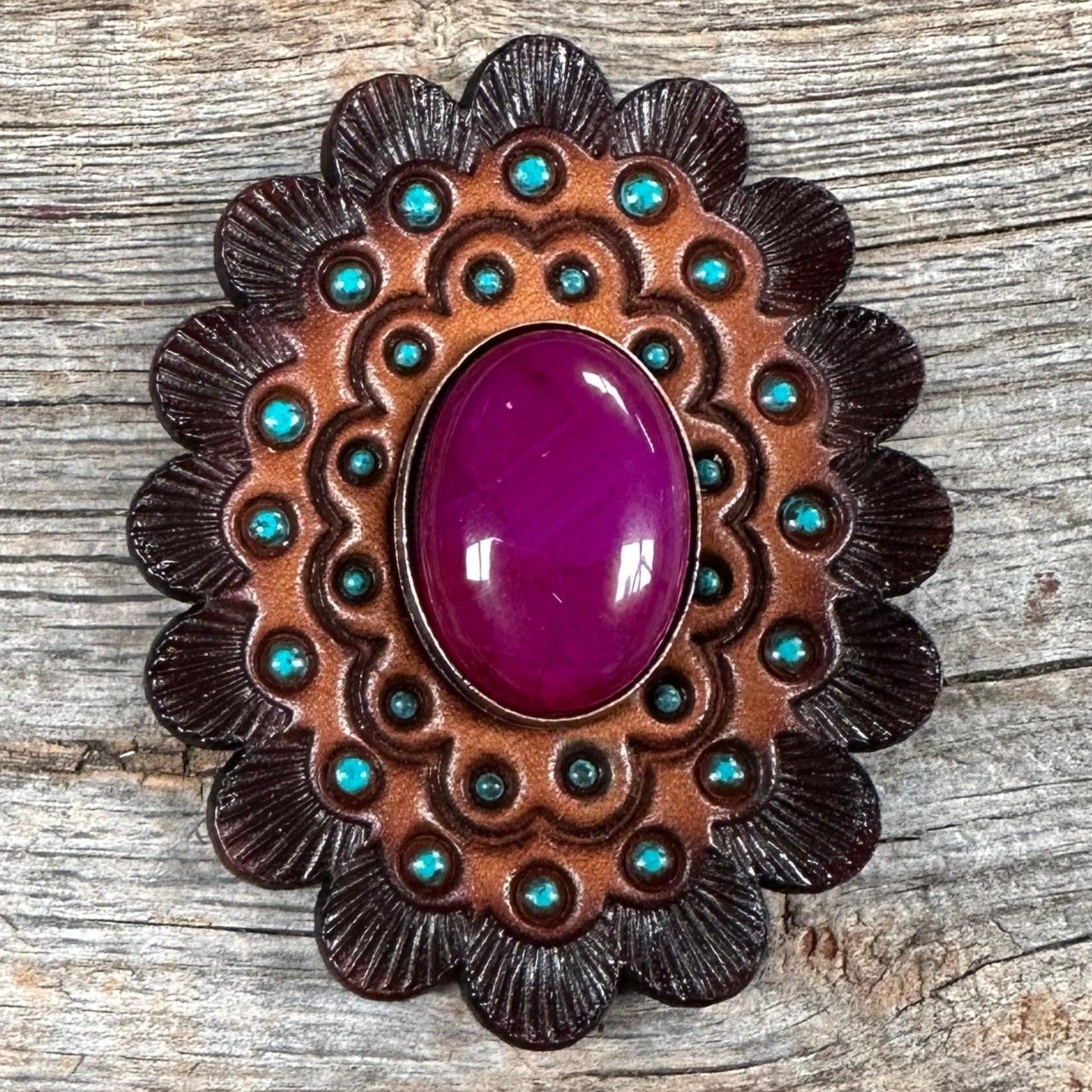 Leather Rosette Dark Oil Edges with Fuchsia Cabochon Western Concho R104CABFU