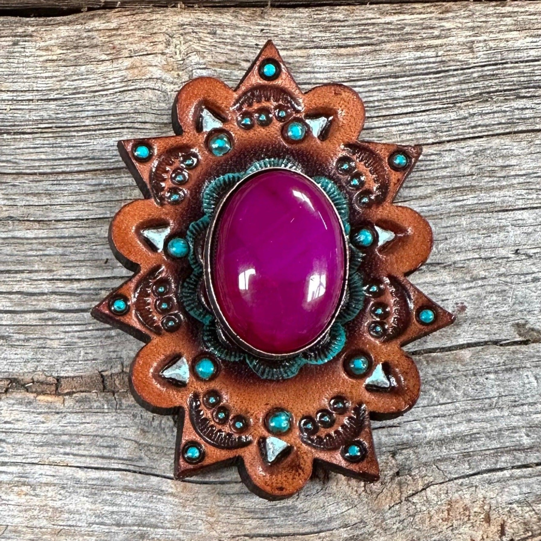 Leather Rosette Starburst - Fuchsia Cabochon Western Concho R110CABFU