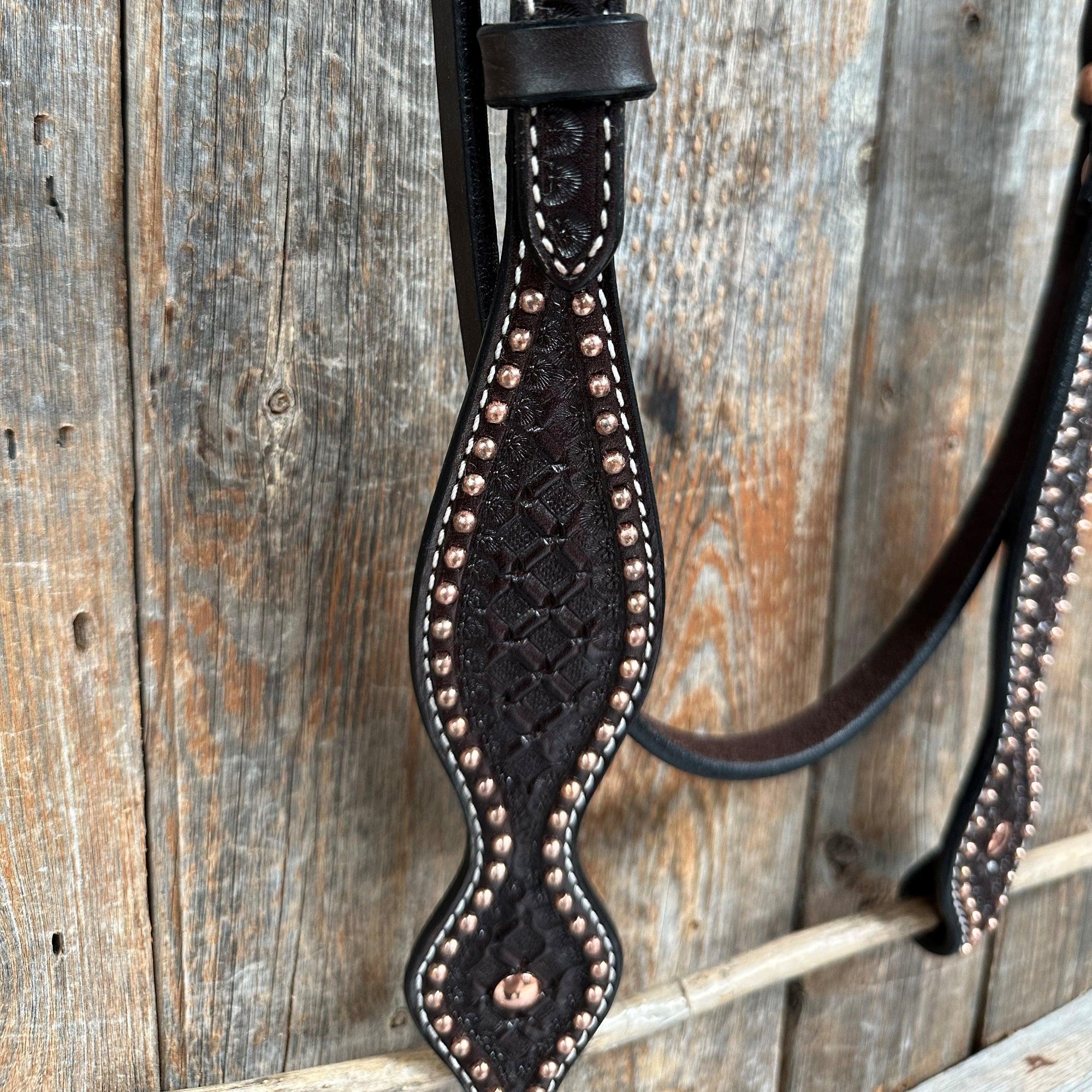Dark Oil Honeycomb Tooled with Copper Dots Browband Headstall / Bridle