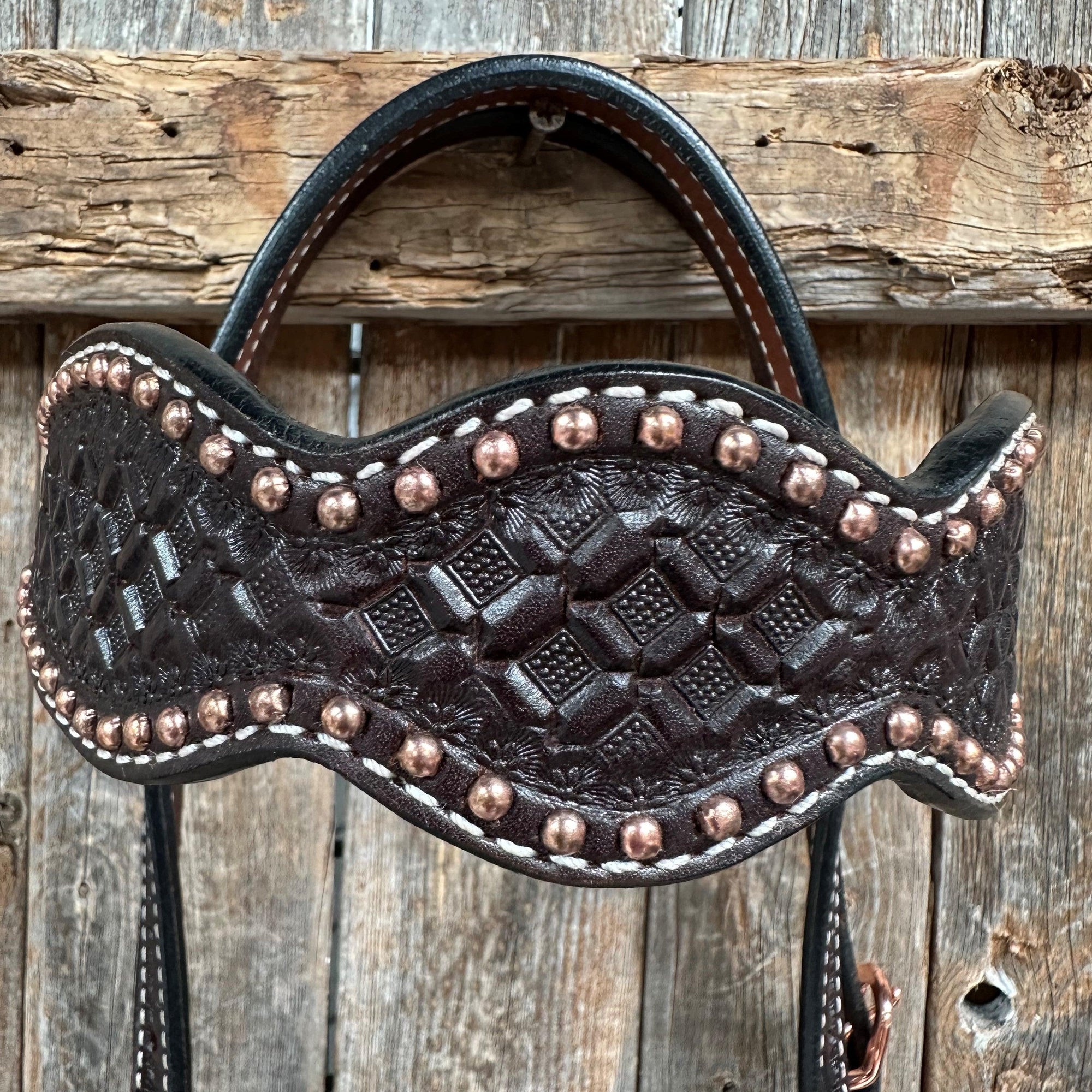 Dark Oil Honeycomb Tooled with Copper Dots Browband Headstall / Bridle
