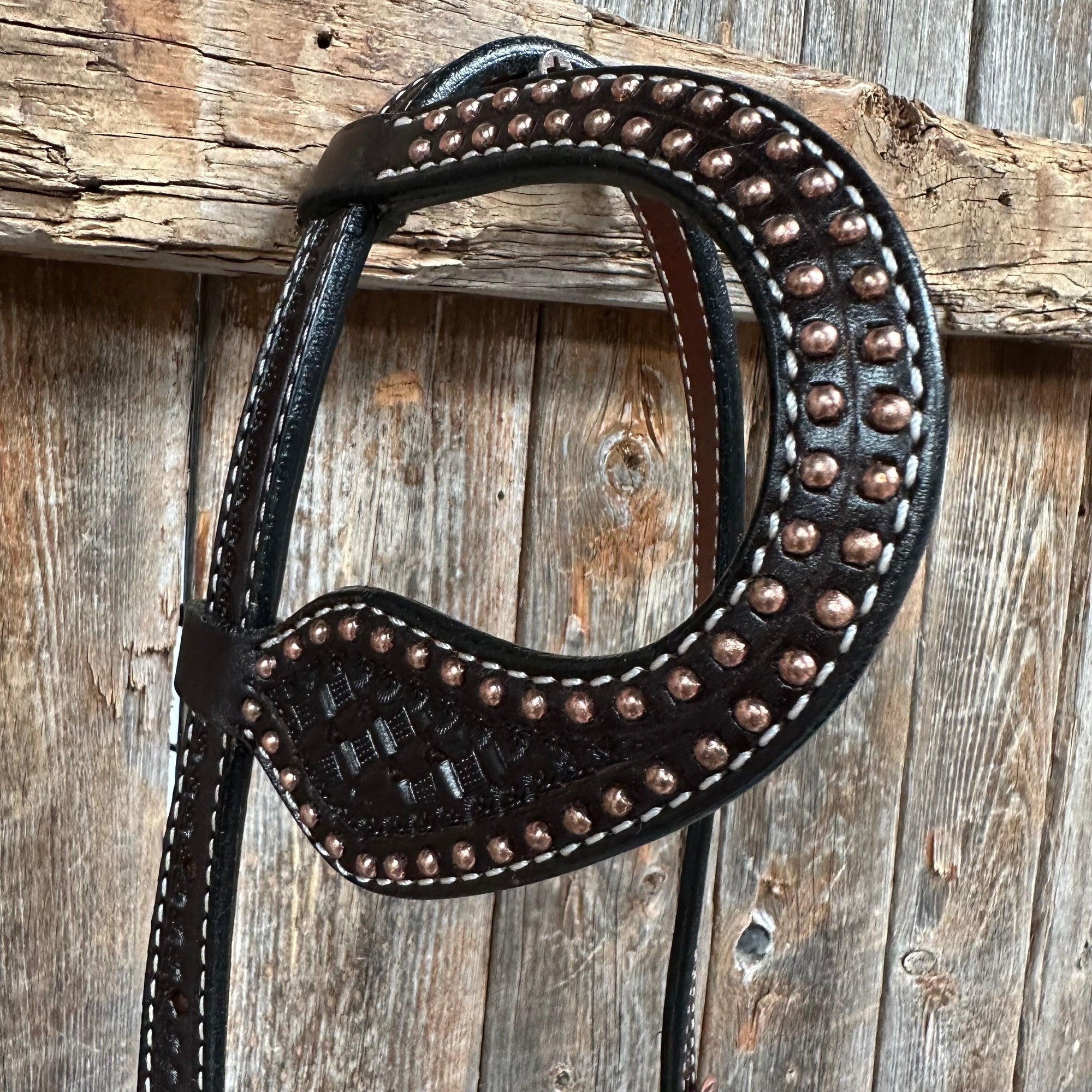 Dark Oil Honeycomb Tooled with Copper Dots One Ear Headstall / Bridle