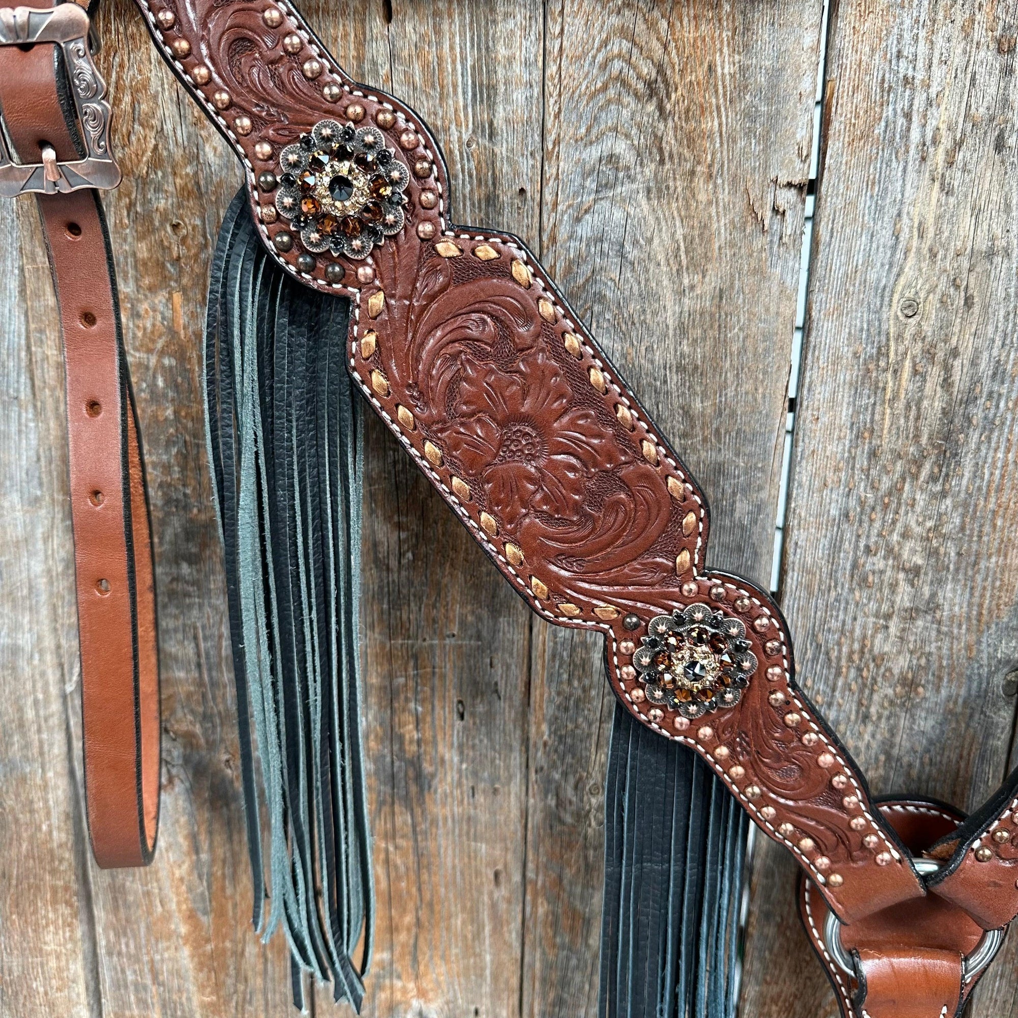 Copper Dot and Buckstitch Jet, Champagne and Topaz Browband Tack Set 