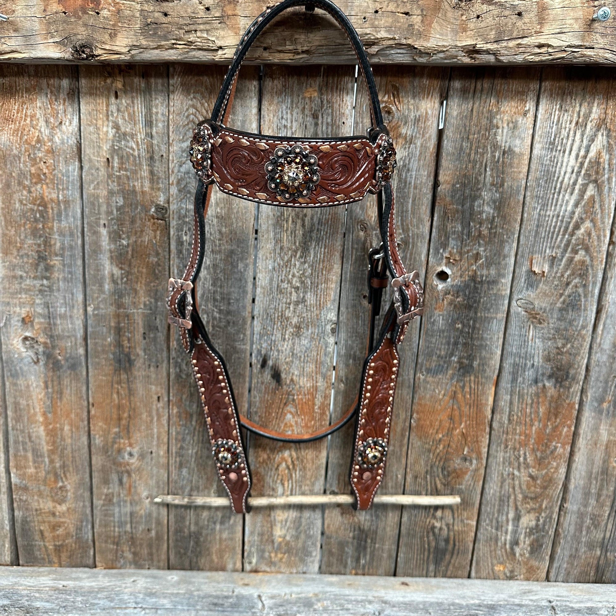 Copper Dot and Buckstitch Jet, Champagne and Topaz Browband Tack Set 