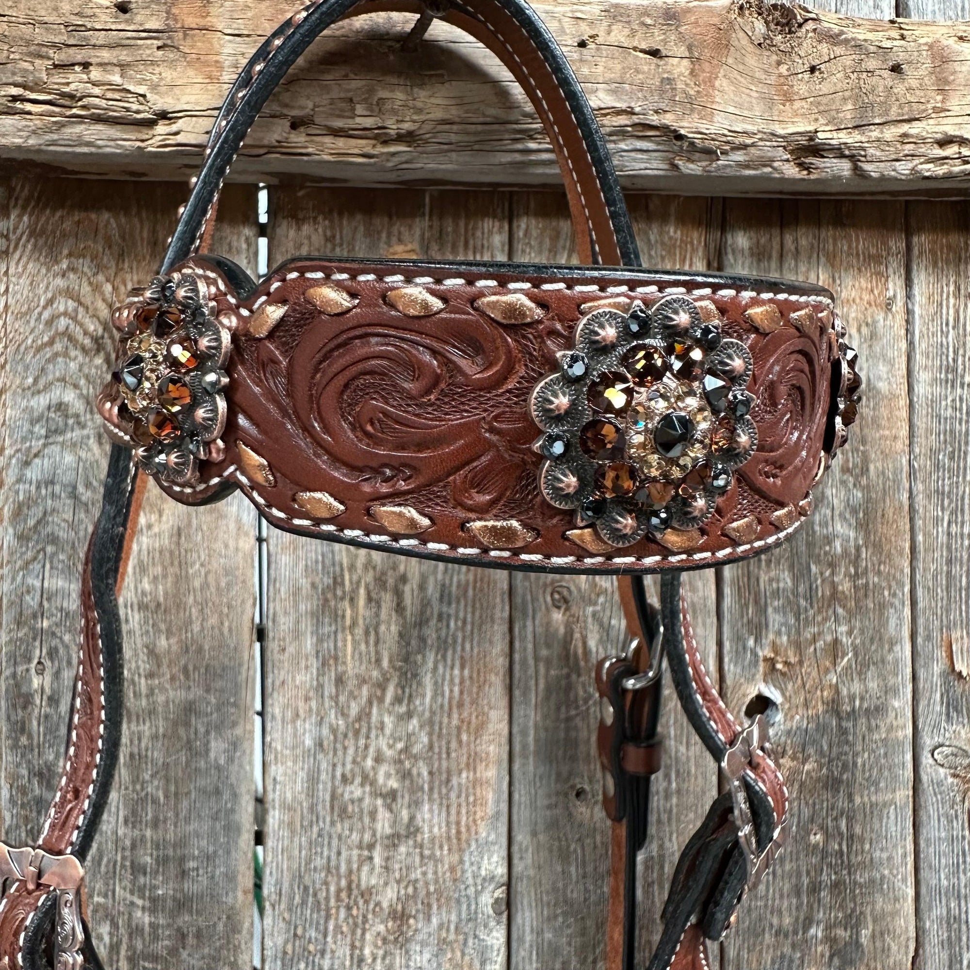 Copper Dot and Buckstitch Jet, Champagne and Topaz Browband Tack Set 