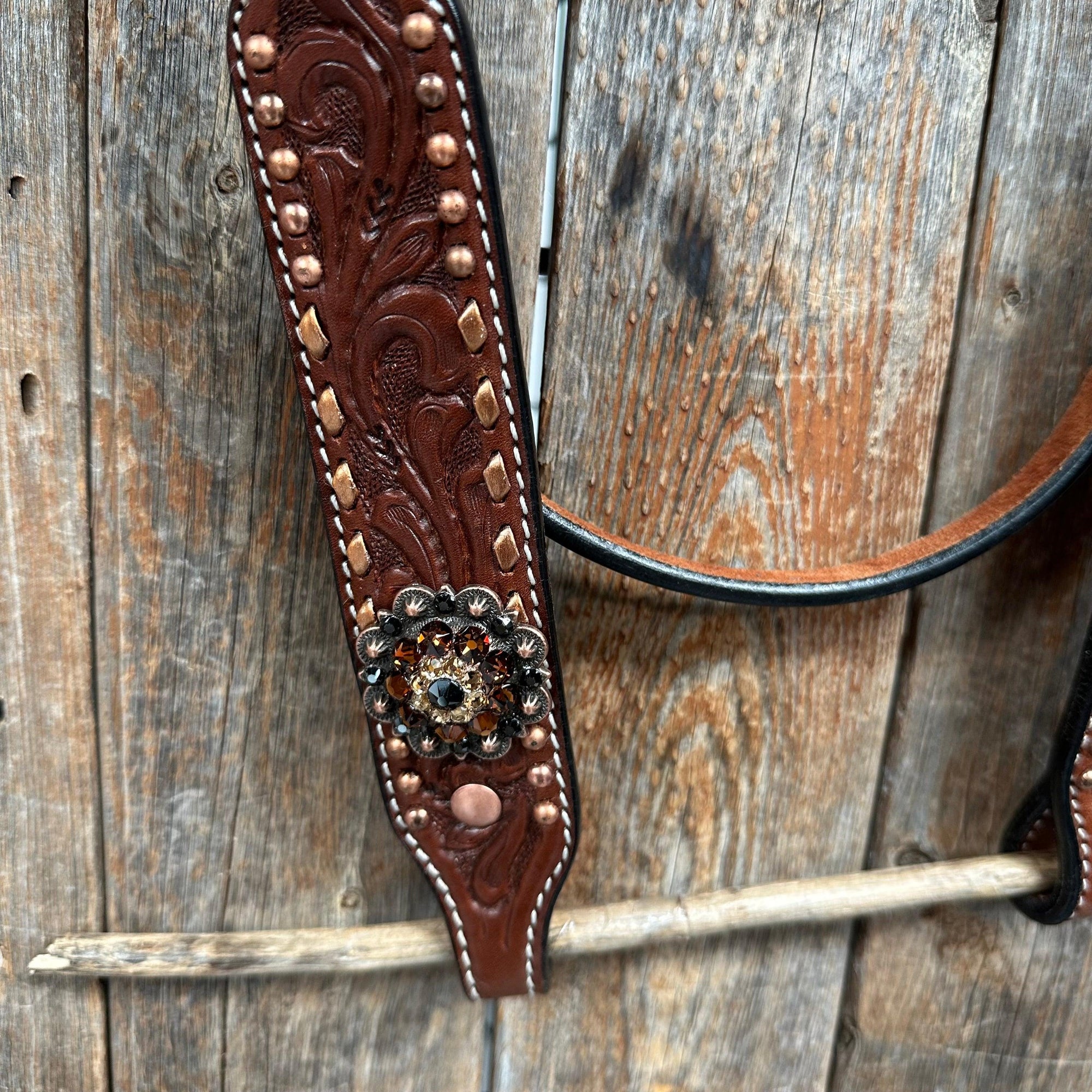 Copper Dot and Buckstitch Jet, Champagne and Topaz Browband Tack Set 
