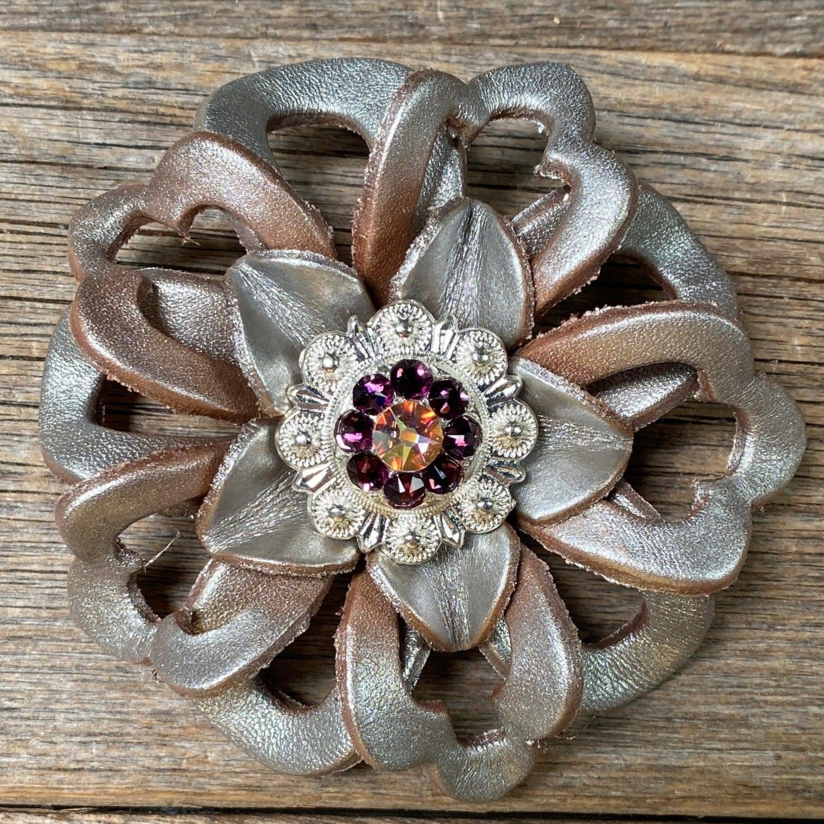 Silver Lotus Flower With Bright Silver Amethyst &amp; AB 1" Concho