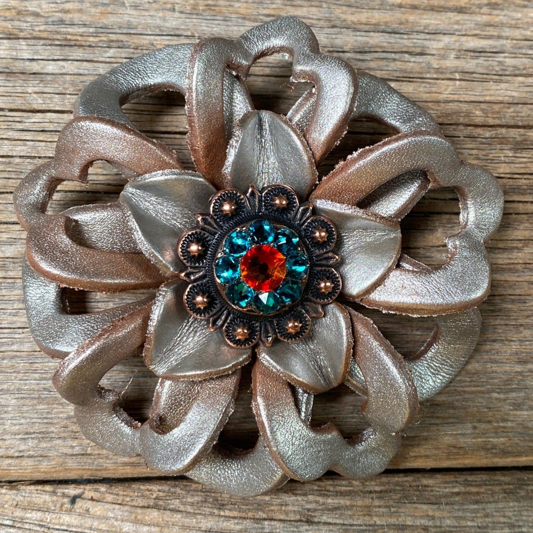 Silver Lotus Flower With Copper Fire Opal &amp; Teal 1" Concho