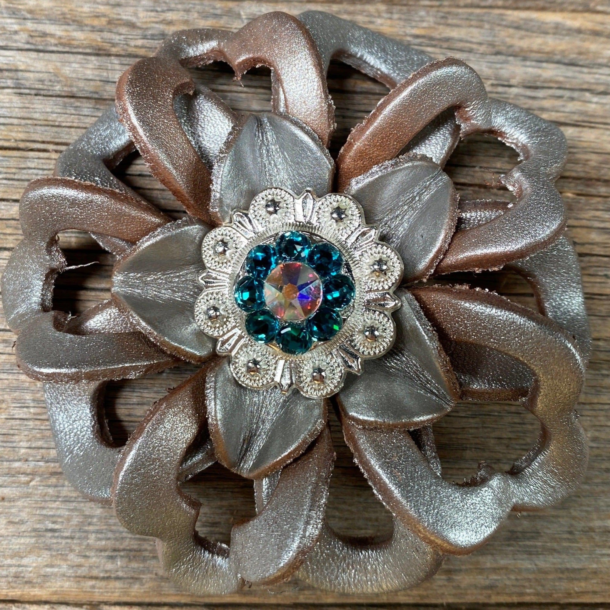Silver Lotus Flower With Bright Silver Teal &amp; AB 1" Concho