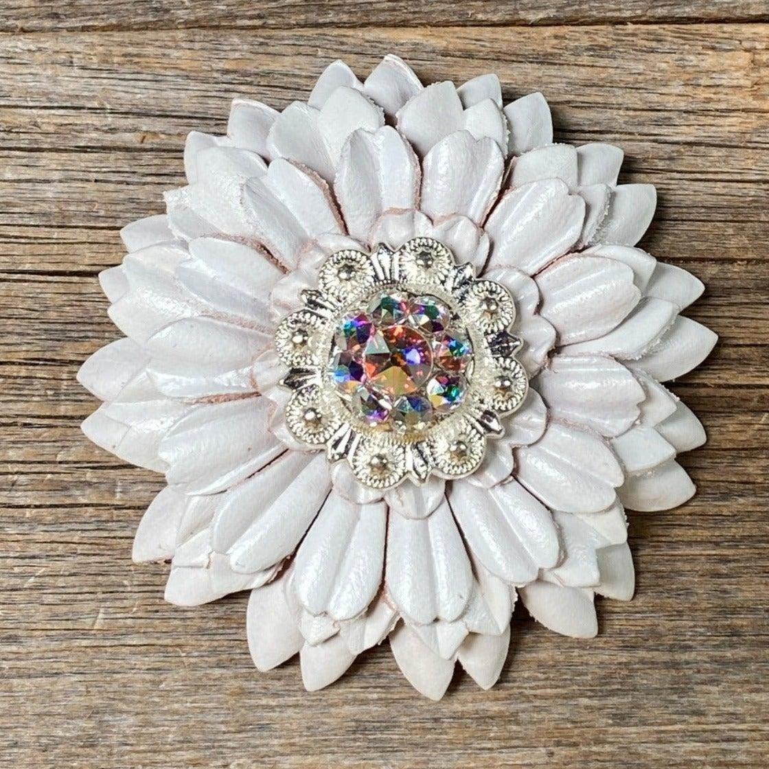 White Daisy Flower With Bright Silver AB 1" Concho