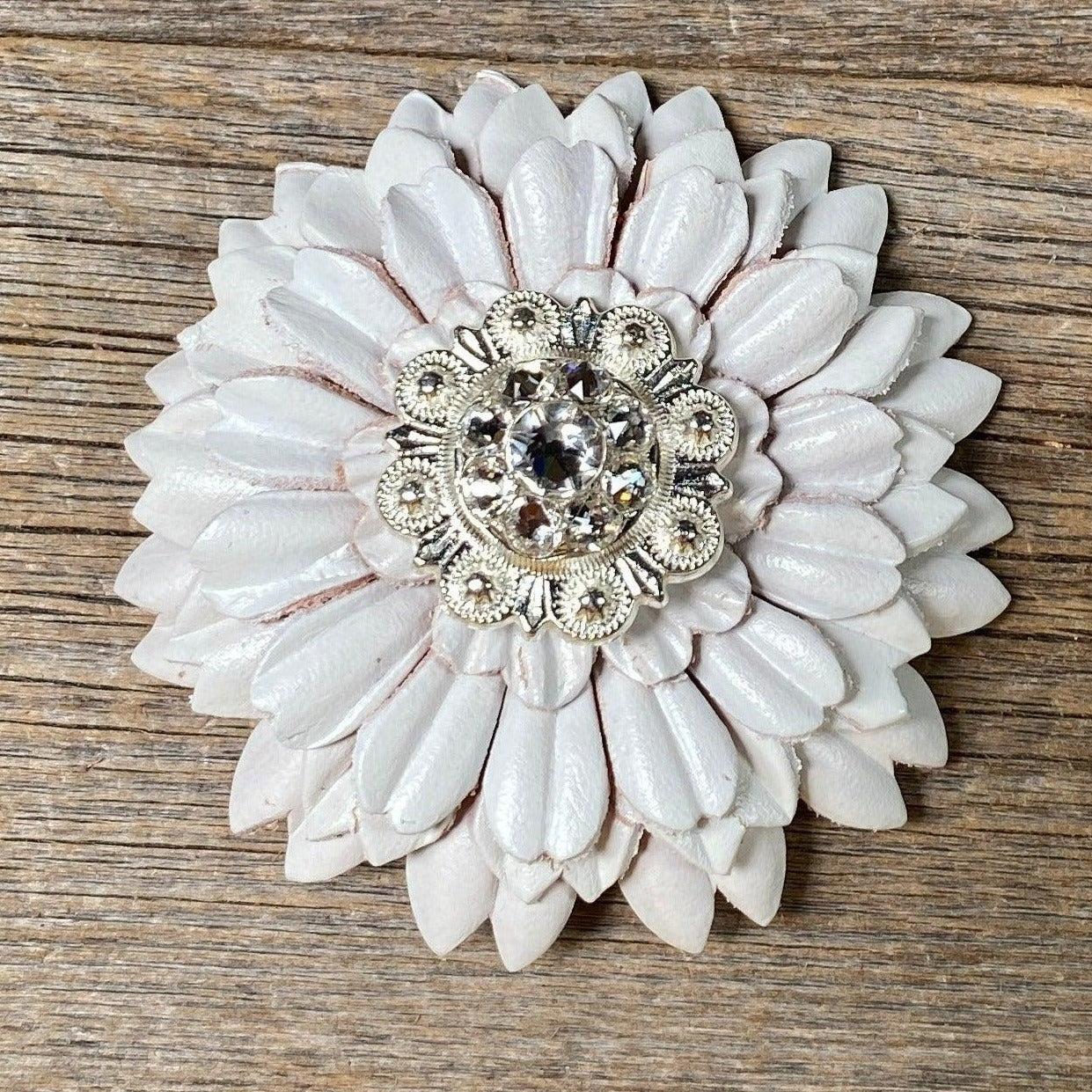 White Daisy Flower With Bright Silver Clear 1" Concho