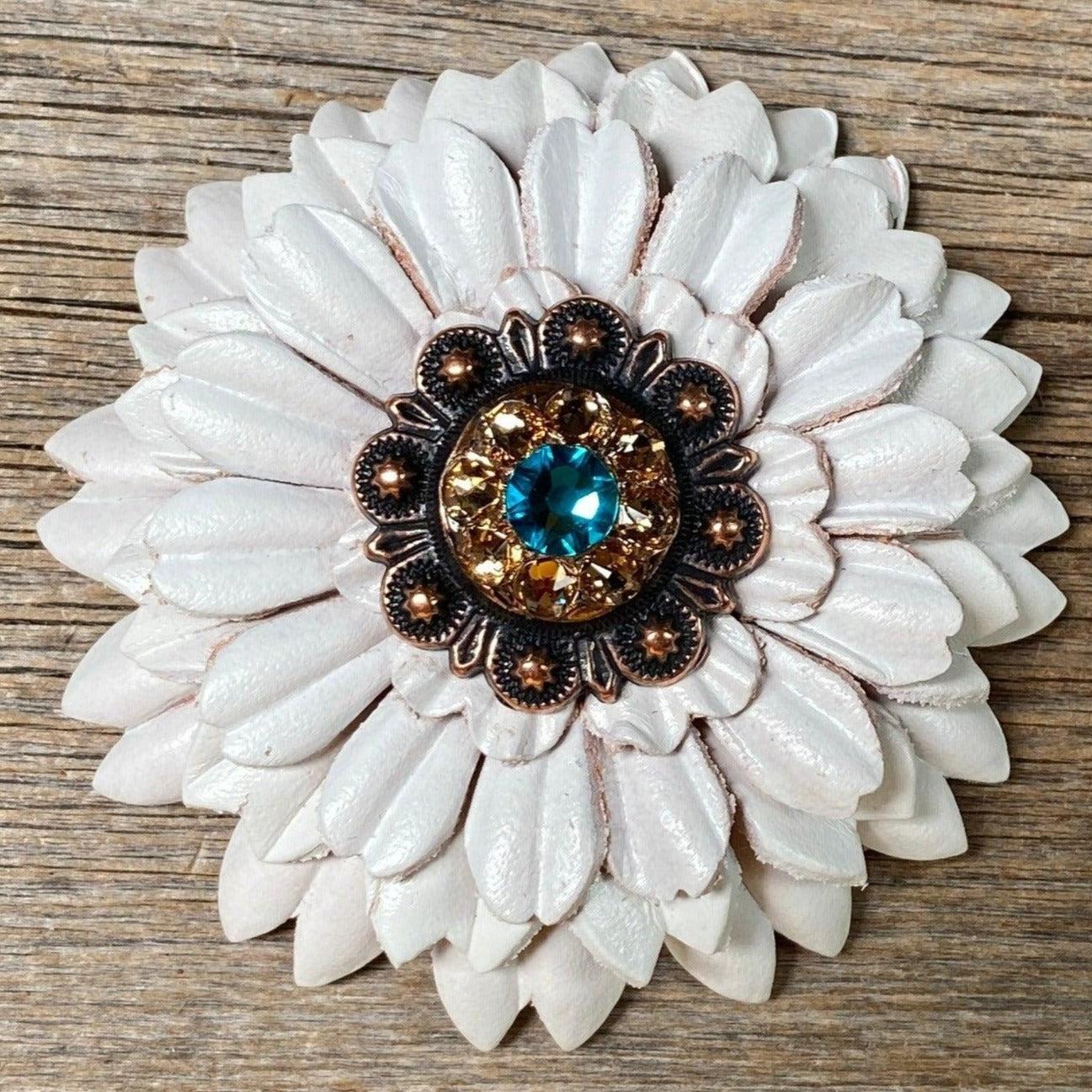 White Daisy Flower With Copper Teal &amp; Champagne 1" Concho