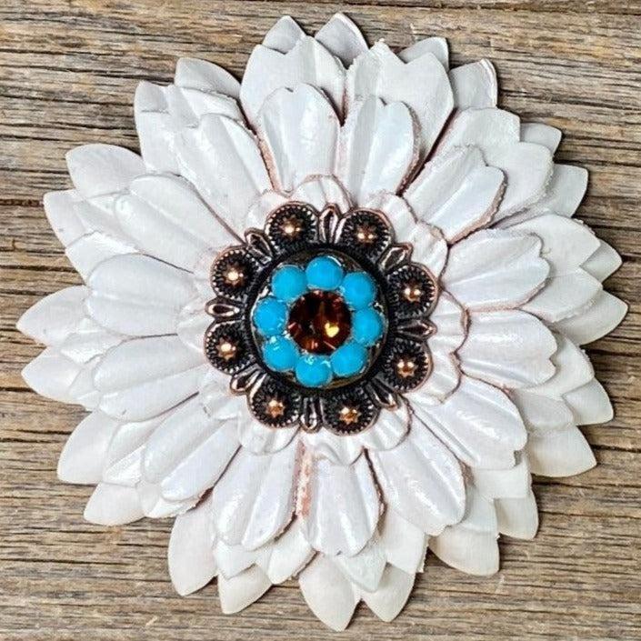 White Daisy Flower With Copper Topaz &amp; Turquoise 1" Concho