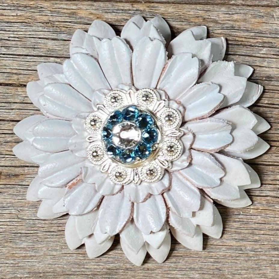 White Daisy Flower With Bright Silver Aqua &amp; Clear 1" Concho