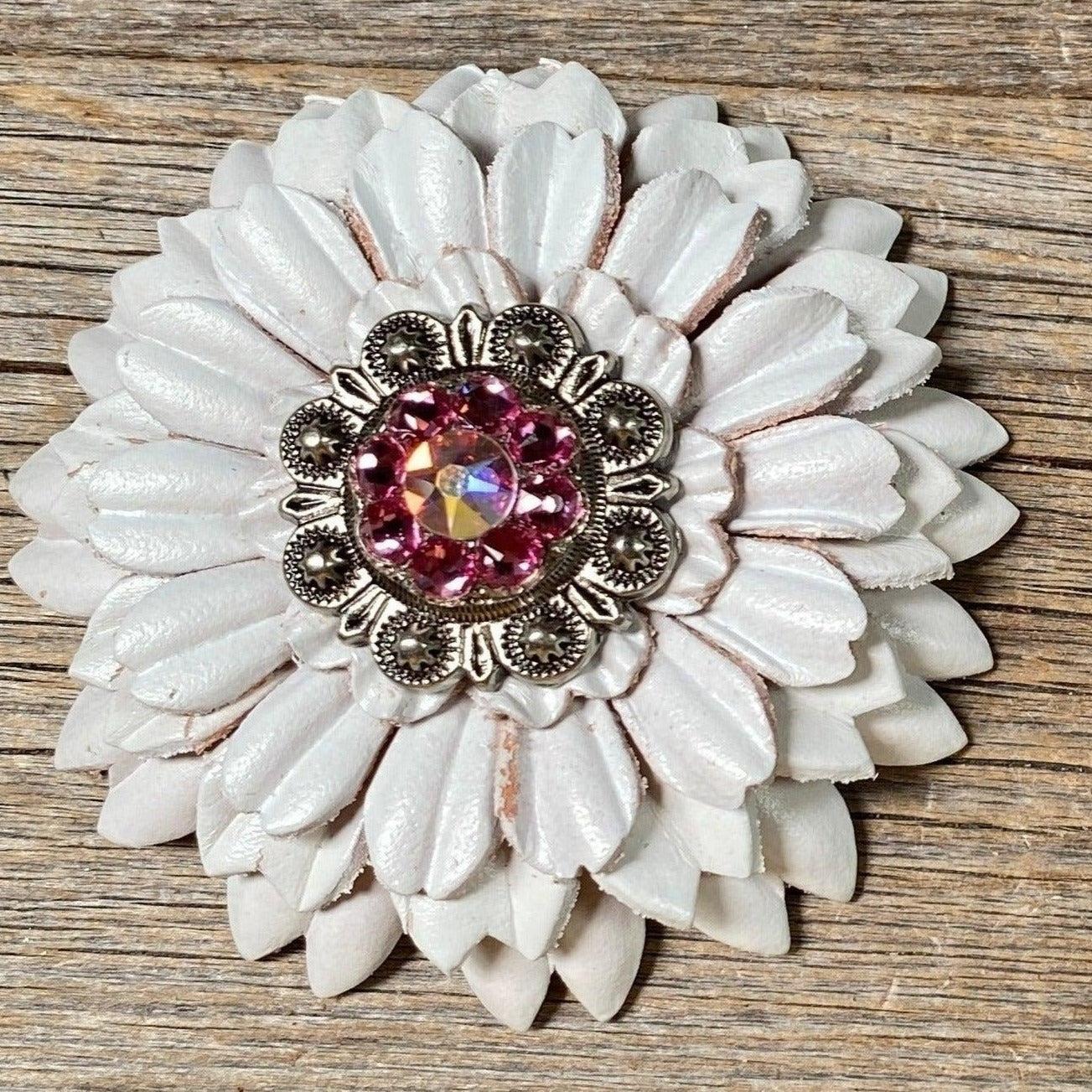 White Daisy Flower With Antique Silver Pink &amp; AB 1" Concho