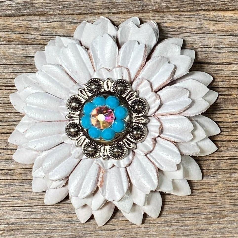 White Daisy Flower With Antique Silver Turquoise &amp; AB 1" Concho