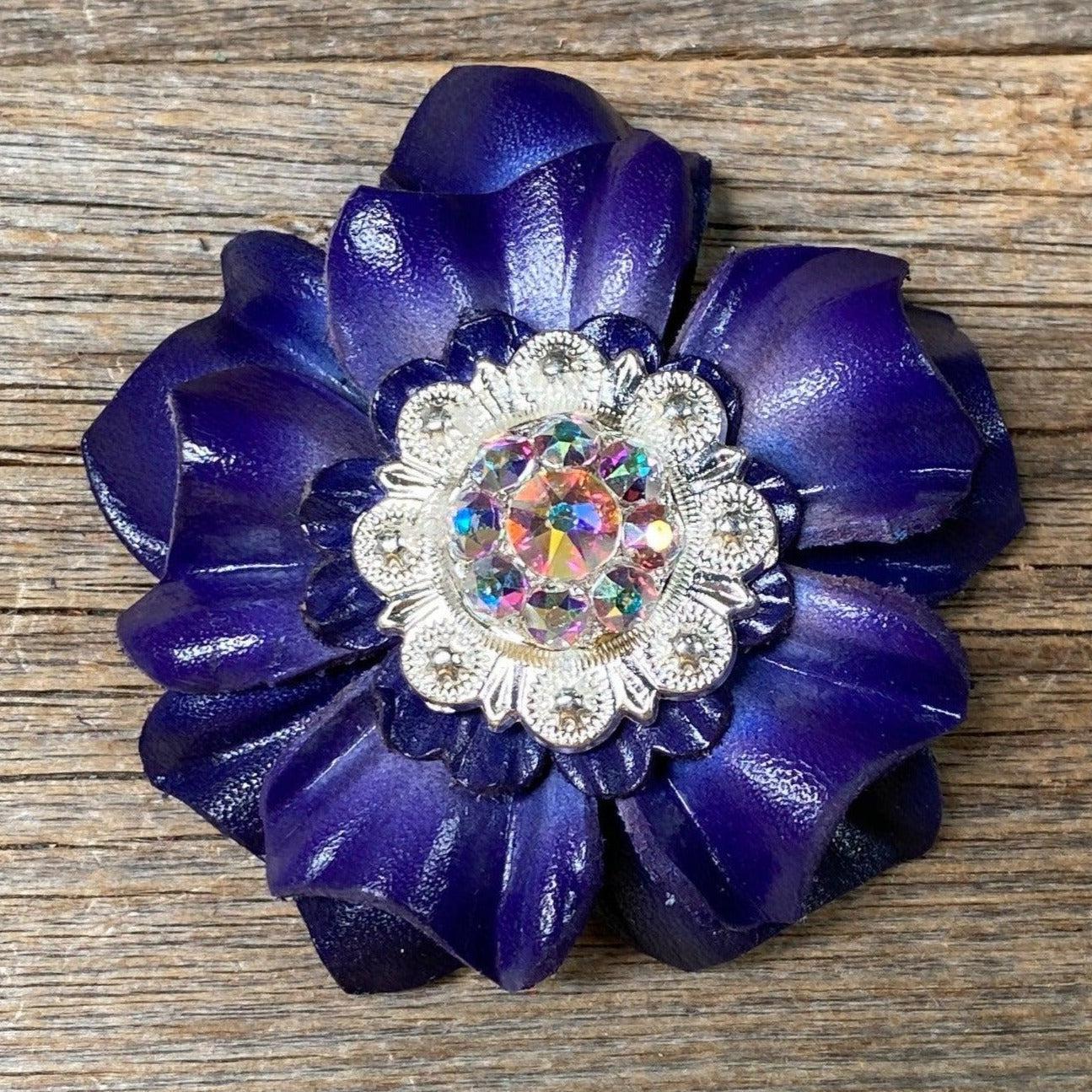 Blue Carnation Flower With Bright Silver AB 1" Concho