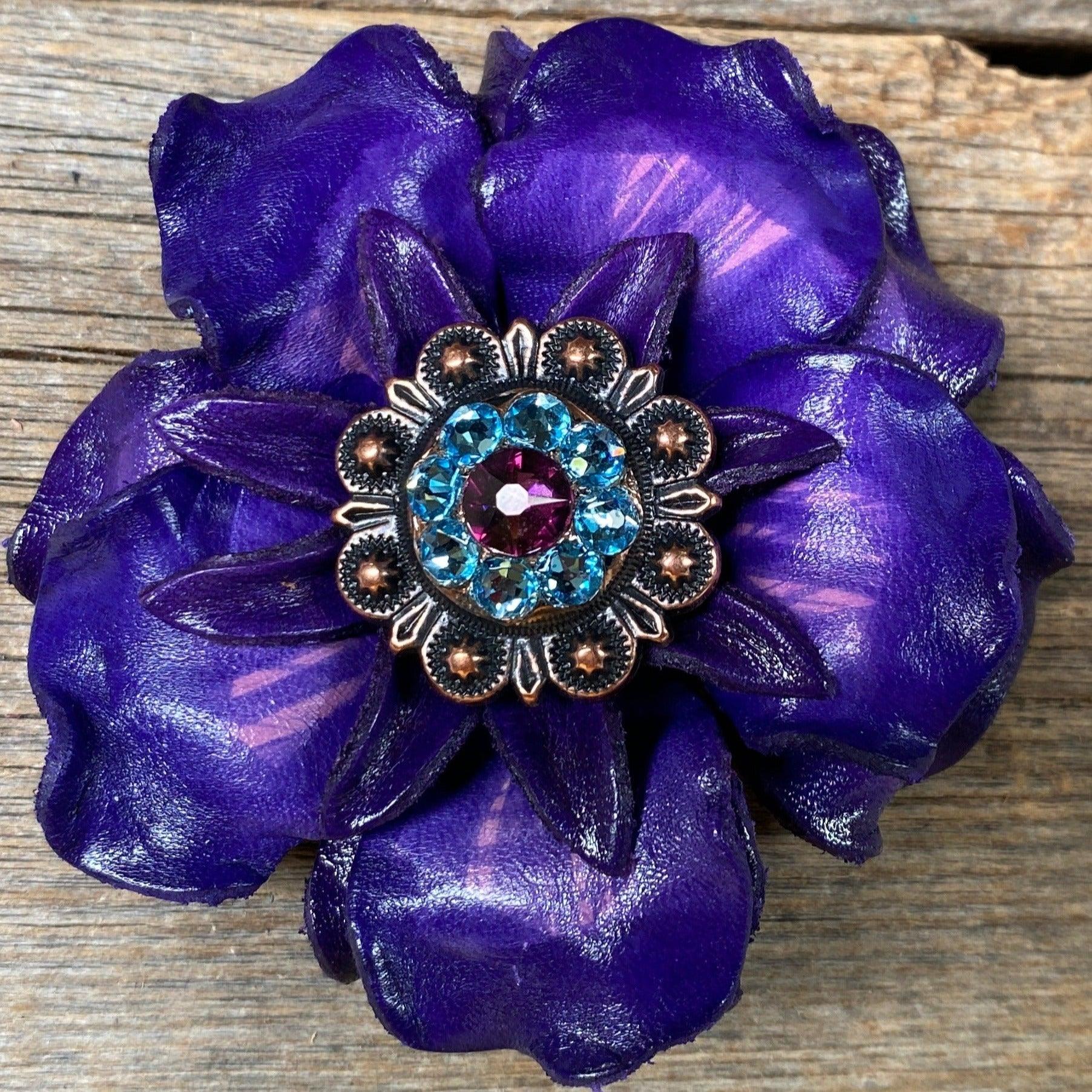 Purple Gardenia Flower With Copper Amethyst &amp; Aqua 1" Concho