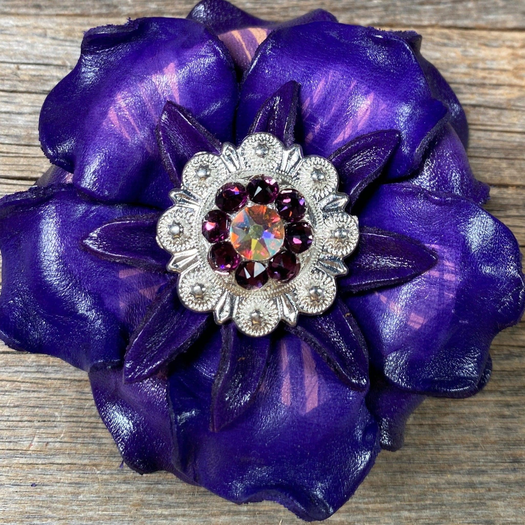 Purple Gardenia Flower With Bright Silver Amethyst &amp; AB 1" Concho