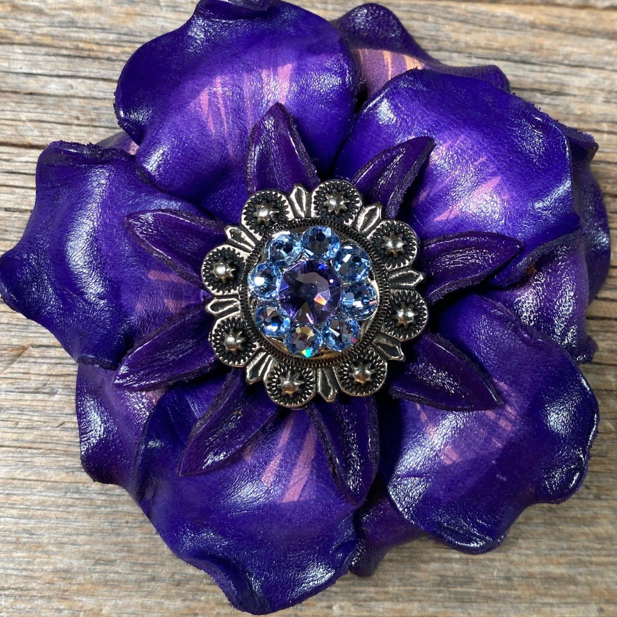 Purple Gardenia Flower With Antique Silver Lilac &amp; Light Sapphire 1" Concho