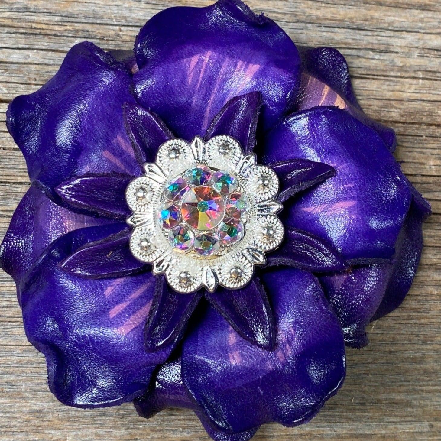 Purple Gardenia Flower With Bright Silver AB 1" Concho