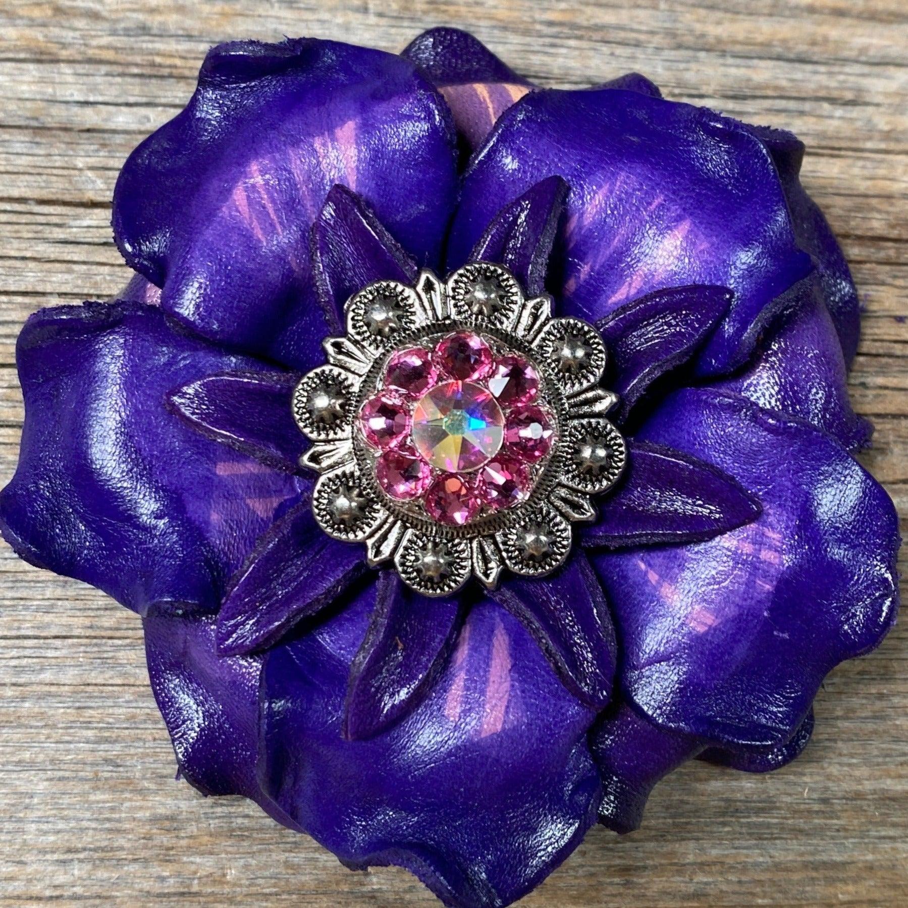 Purple Gardenia Flower With Antique Silver Pink &amp; AB 1" Concho