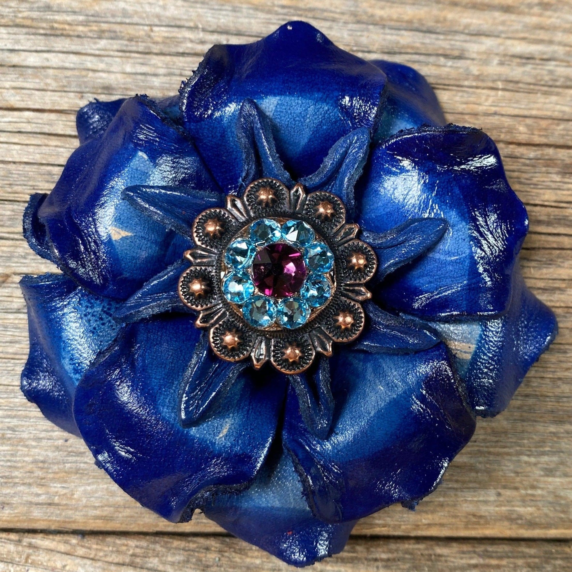 Blue Gardenia Flower With Copper Amethyst &amp; Aqua 1" Concho