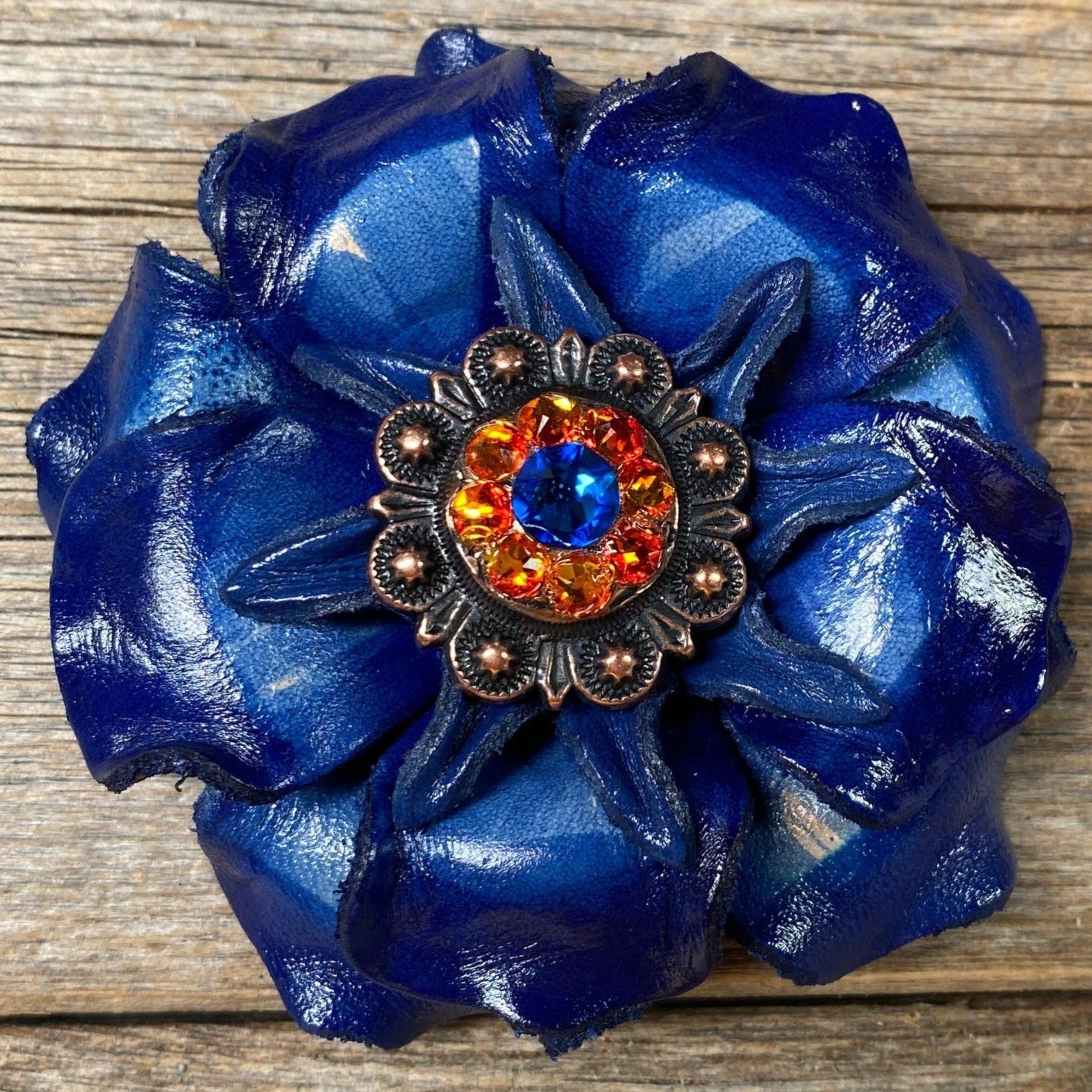 Blue Gardenia Flower With Copper Capri &amp; Fire Opal 1" Concho
