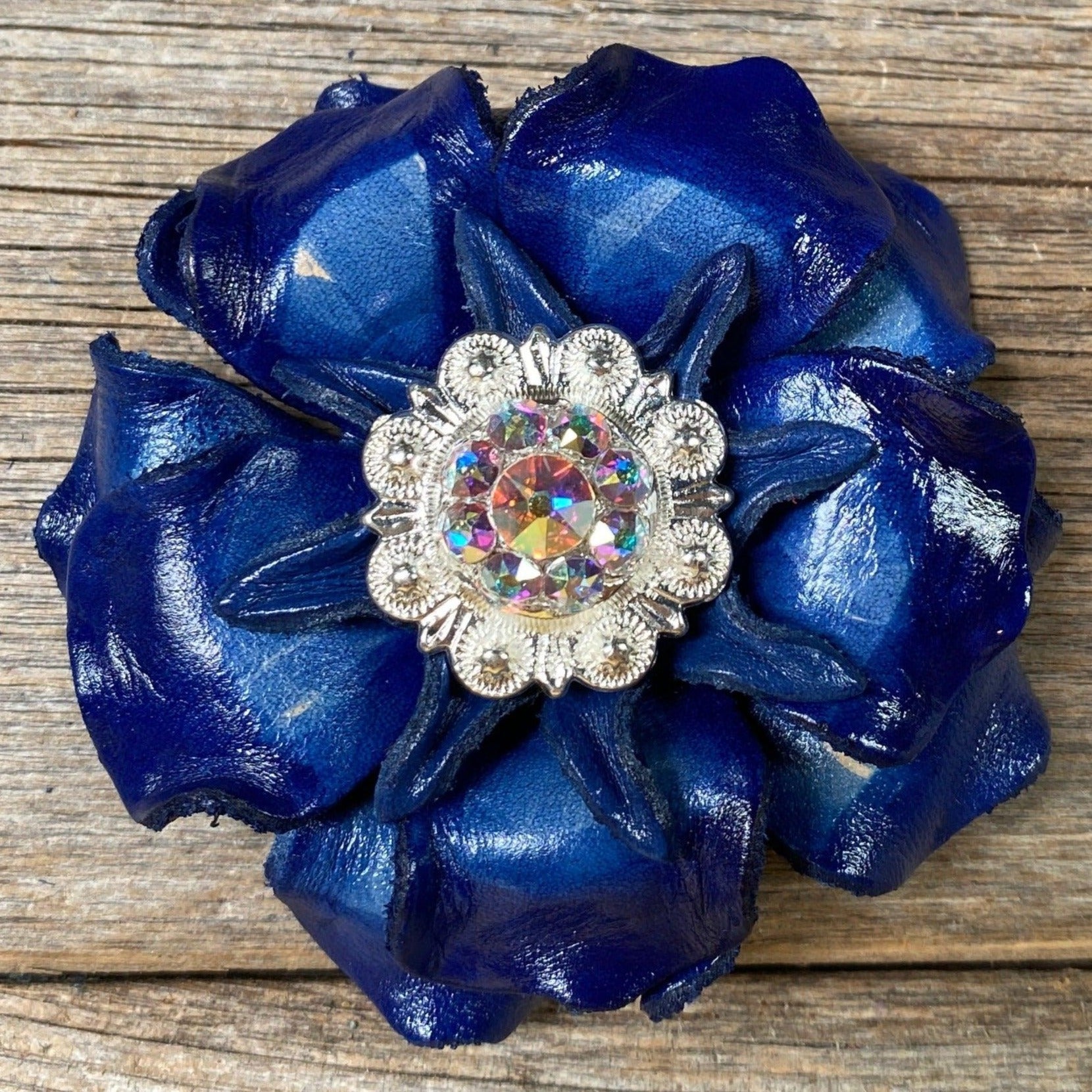 Blue Gardenia Flower With Bright Silver AB 1" Concho