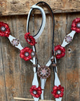 White Leather AB and Gardenias One Ear Tack Set with Wither Strap 