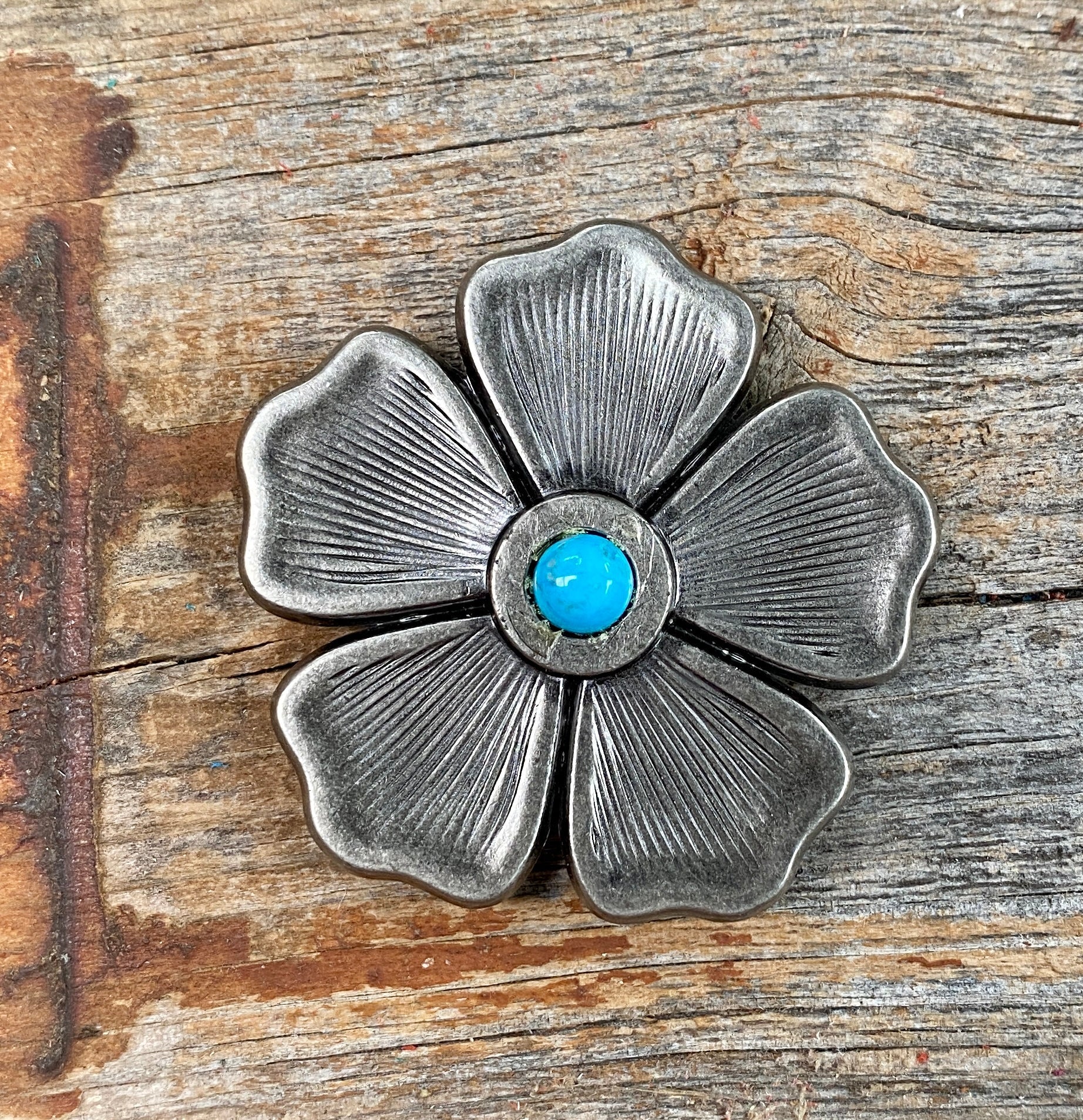 Antique Silver Flower Turquoise Concho 1.5"  W110S