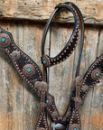 Dark Oil Copper Dot Floral with Turquoise Browband/One Ear Tack Set 