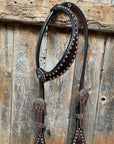 Dark Oil Copper Dot Floral with Turquoise Browband/One Ear Tack Set 