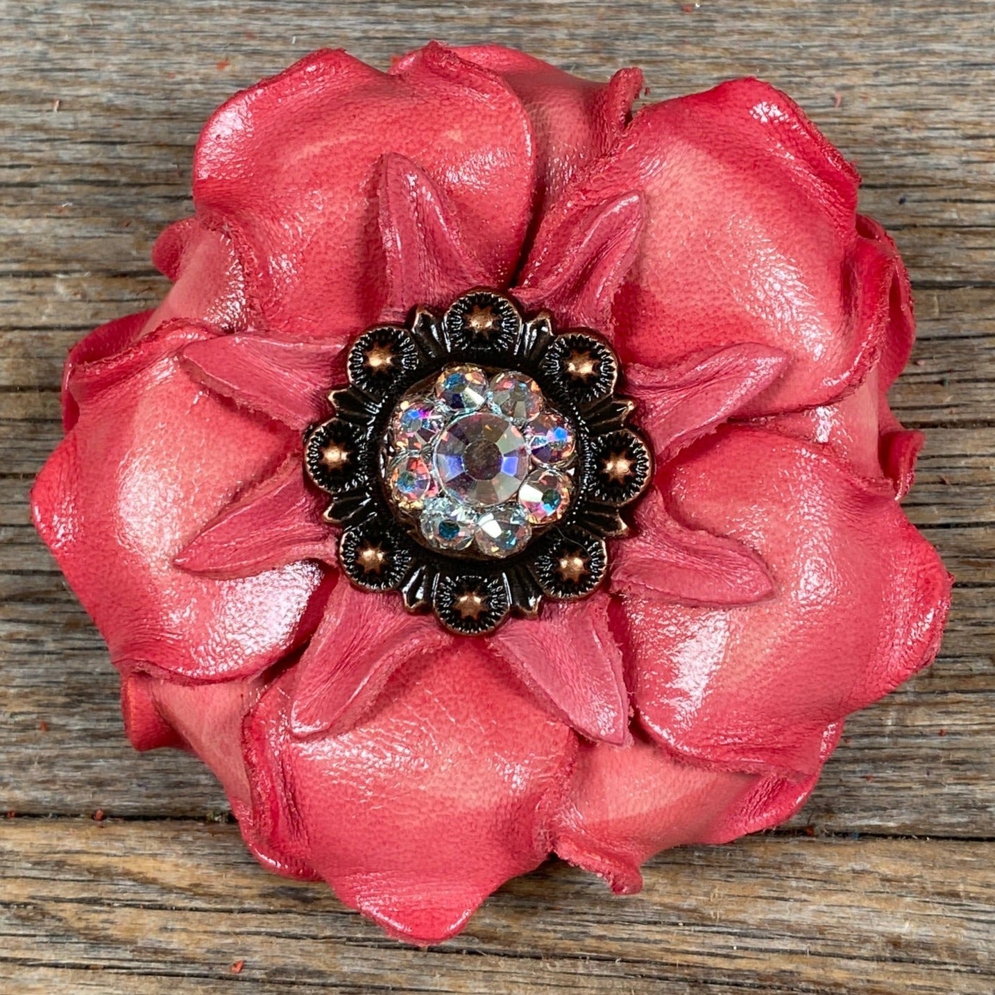 Pink Gardenia Leather Flowers - 1" Crystal Conchos - Options