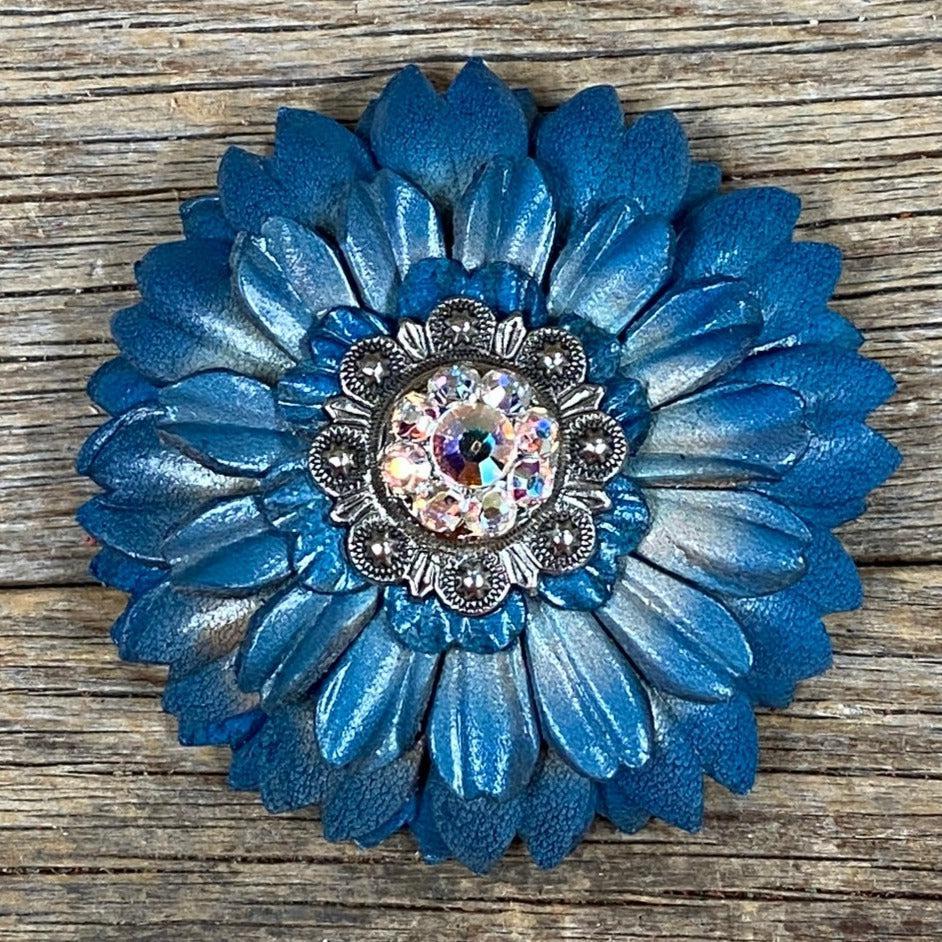 Turquoise Daisy Leather Flowers - 1" Crystal Conchos - Options