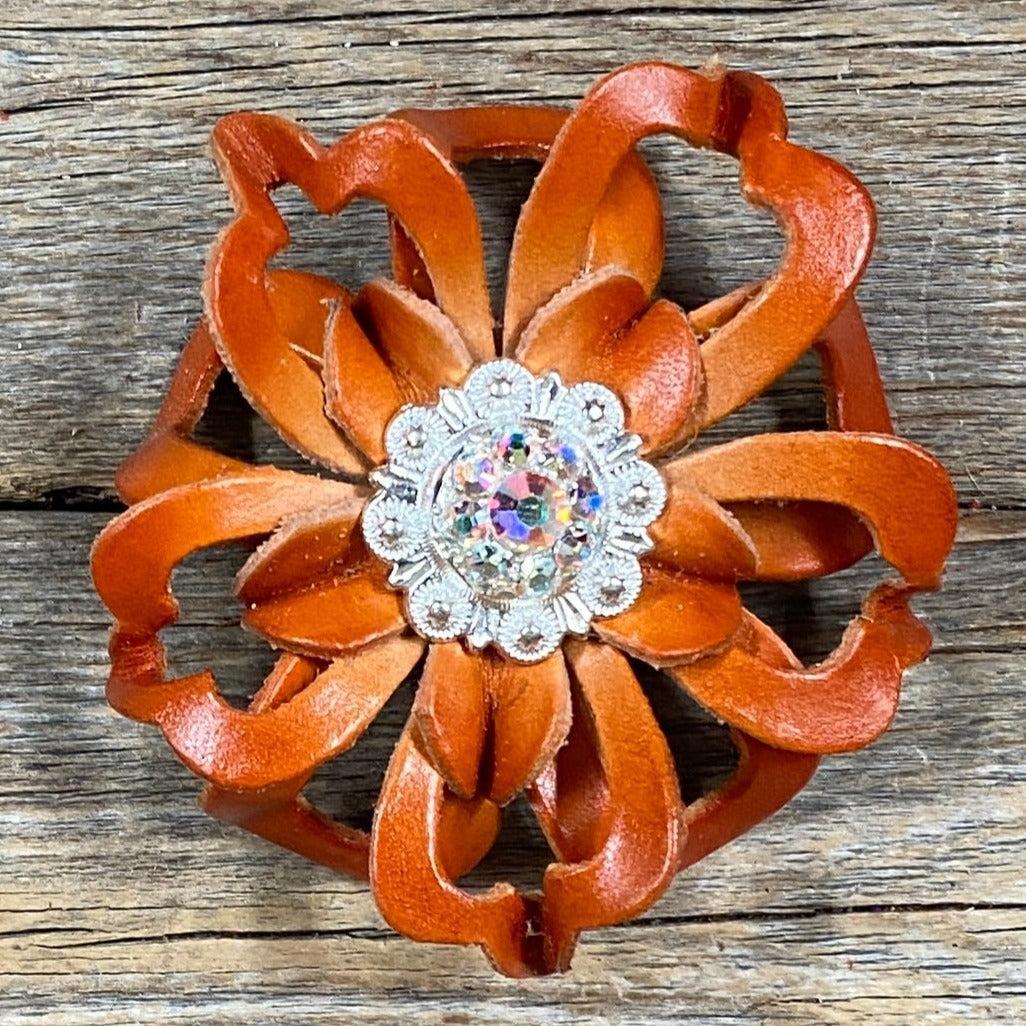 Orange Lotus Leather Flowers - 1" Crystal Conchos - Options