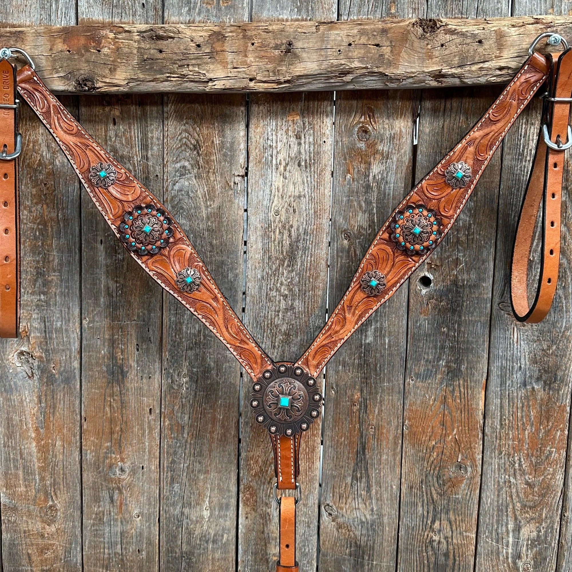 Light Oil V Brow Copper and Turquoise Browband &amp; Breastcollar Tack Set 