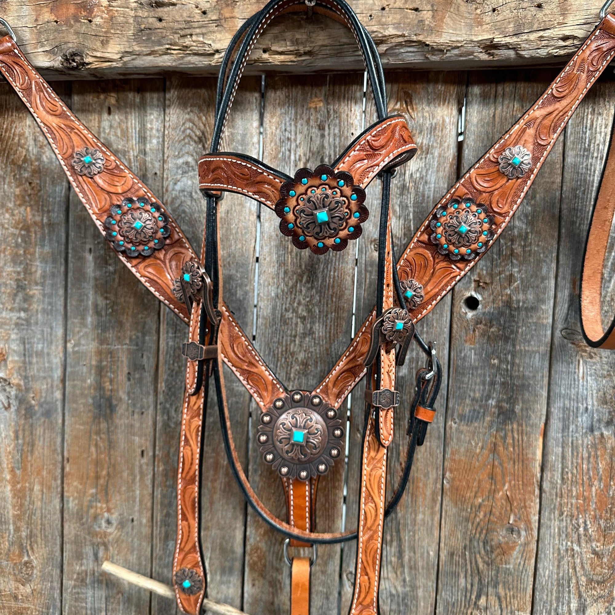 Light Oil V Brow Copper and Turquoise Browband &amp; Breastcollar Tack Set 