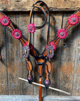 Leaf Scalloped Two Tone Pink Daisy One Ear Headstall / Bridle & Breastcollar Set 