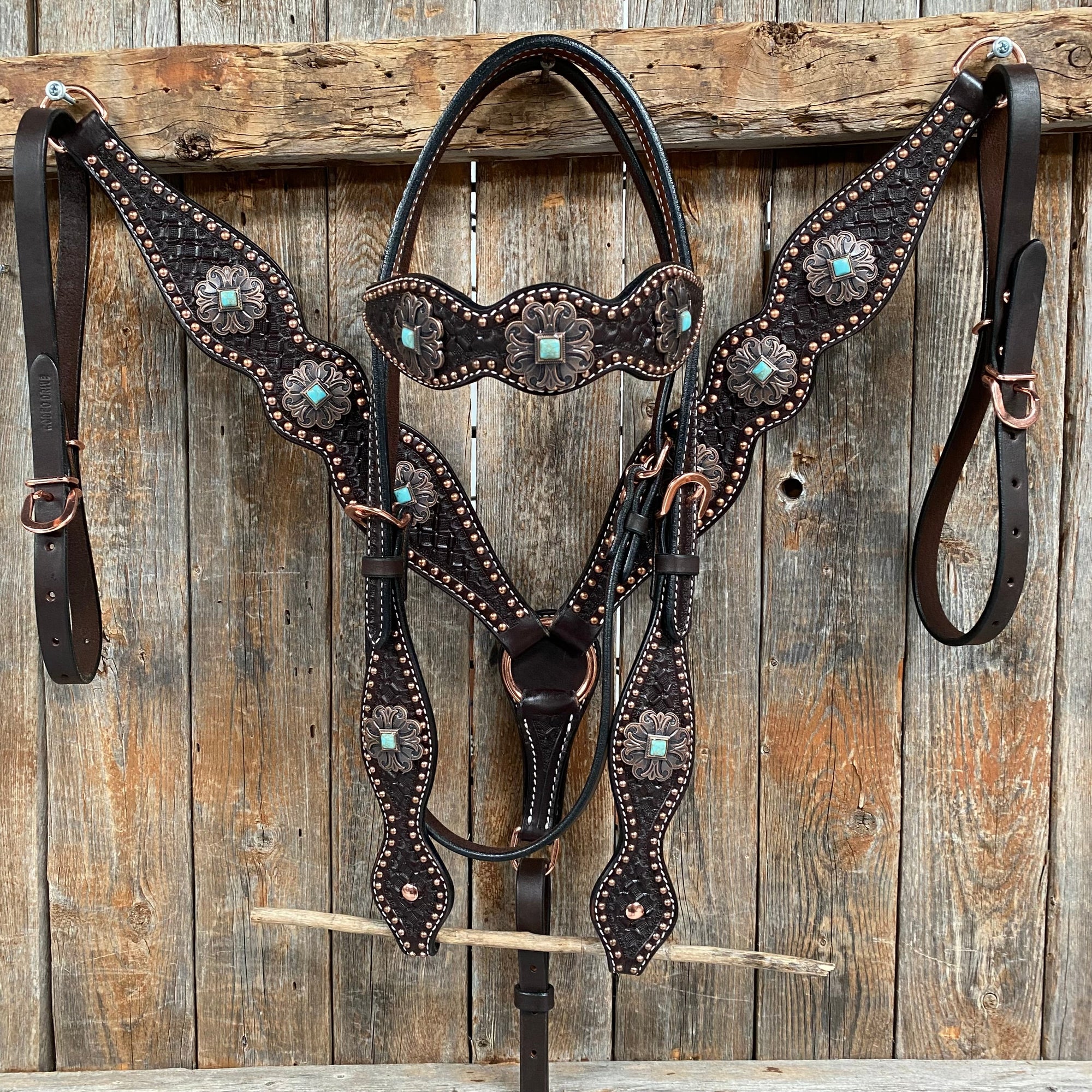 Copper Dot Honeycomb Turquoise  Browband / One Ear Tack Set 